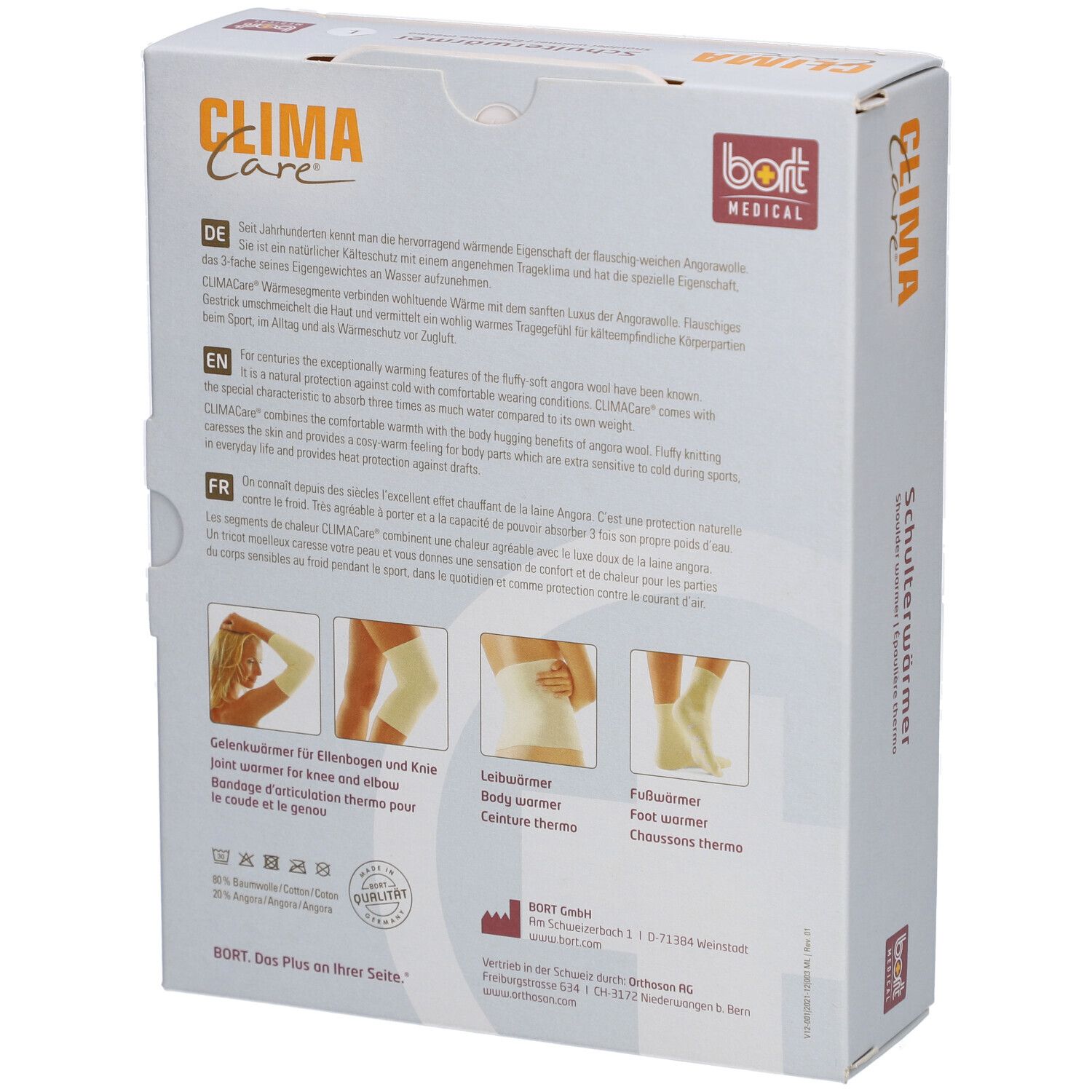 Achterkant van de verpakking. Opschrift: CLIMA Care, BORT MEDICAL. Productafbeeldingen: knie-, been-, voetwarmer.