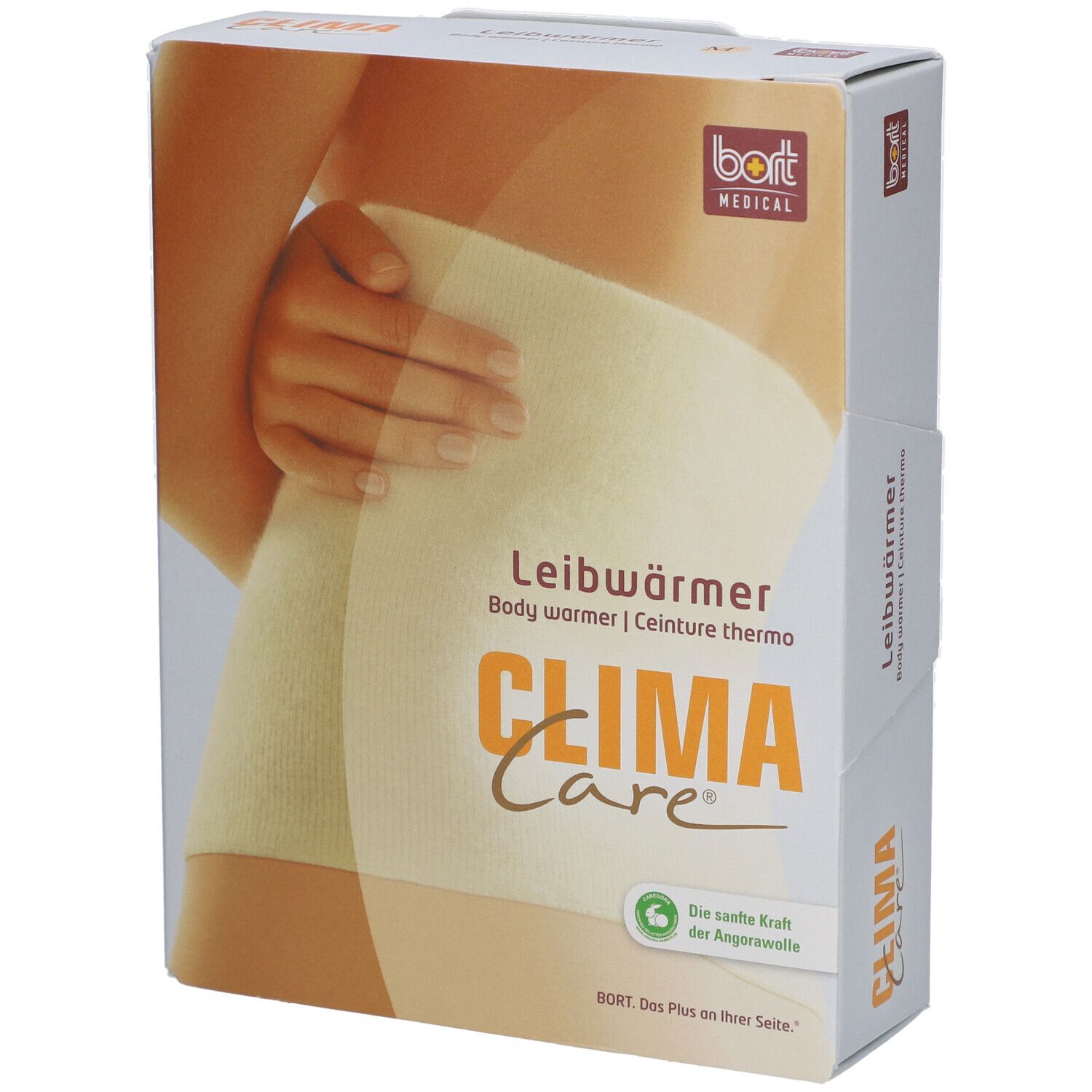 Verpakking van Bort CLIMACare® bodywarmer. Beige bodywarmer afgebeeld. Opschriften: CLIMA Care, bodywarmer, angorawol.