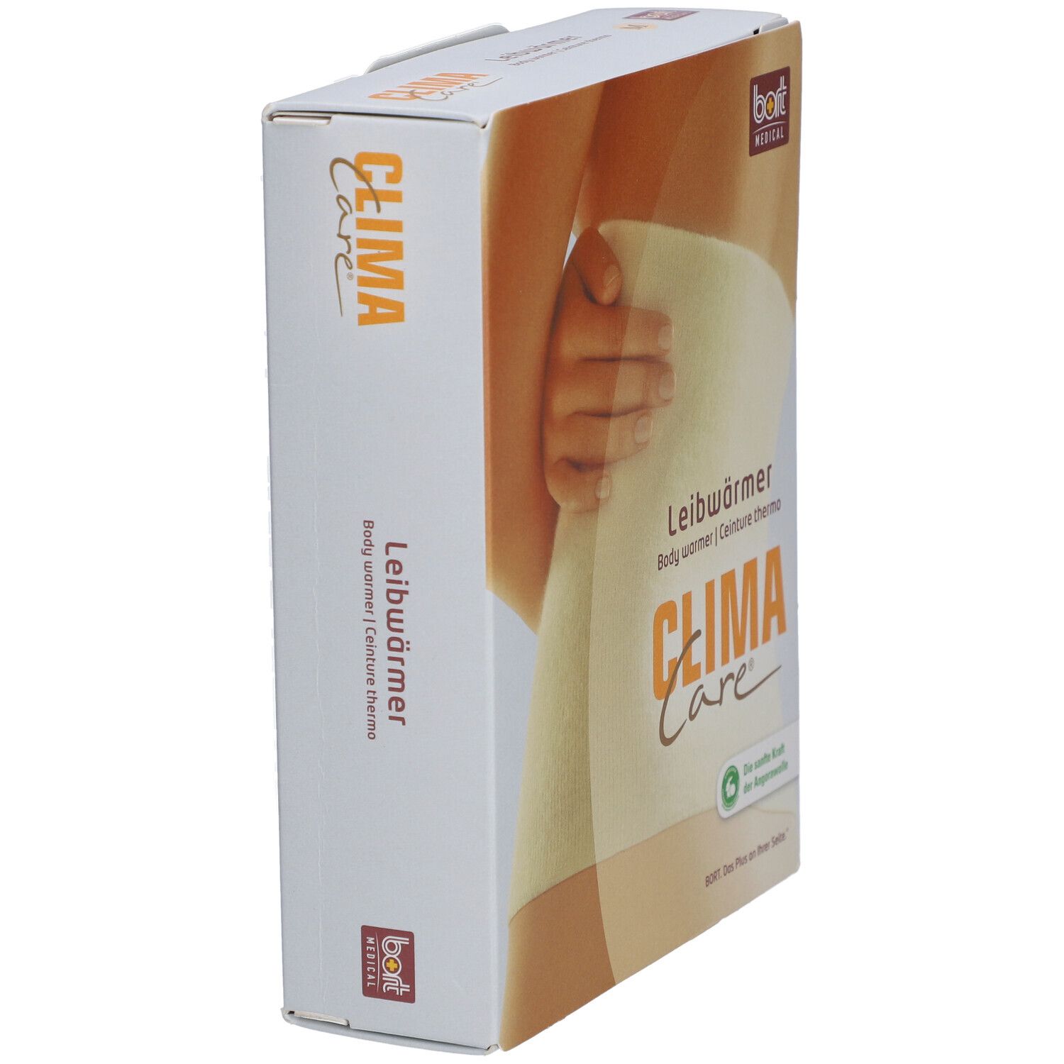 Zijaanzicht van de Bort CLIMACare® verpakking. Beige bodywarmer afgebeeld. Opschriften: CLIMA Care, bodywarmer, angorawol.
