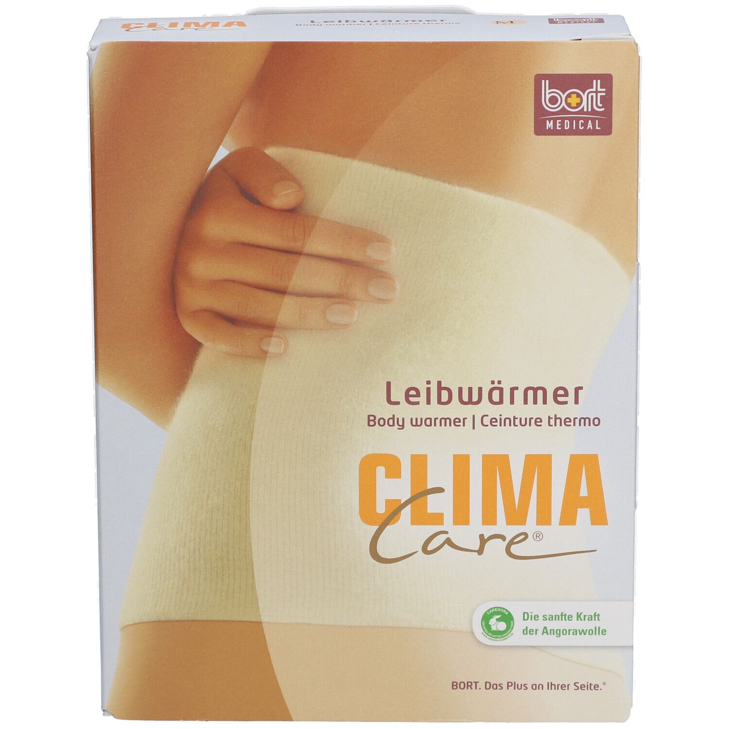 Bort CLIMACare® verpakking. Beige bodywarmer afgebeeld. Opschriften: CLIMA Care, bodywarmer, angorawol.
