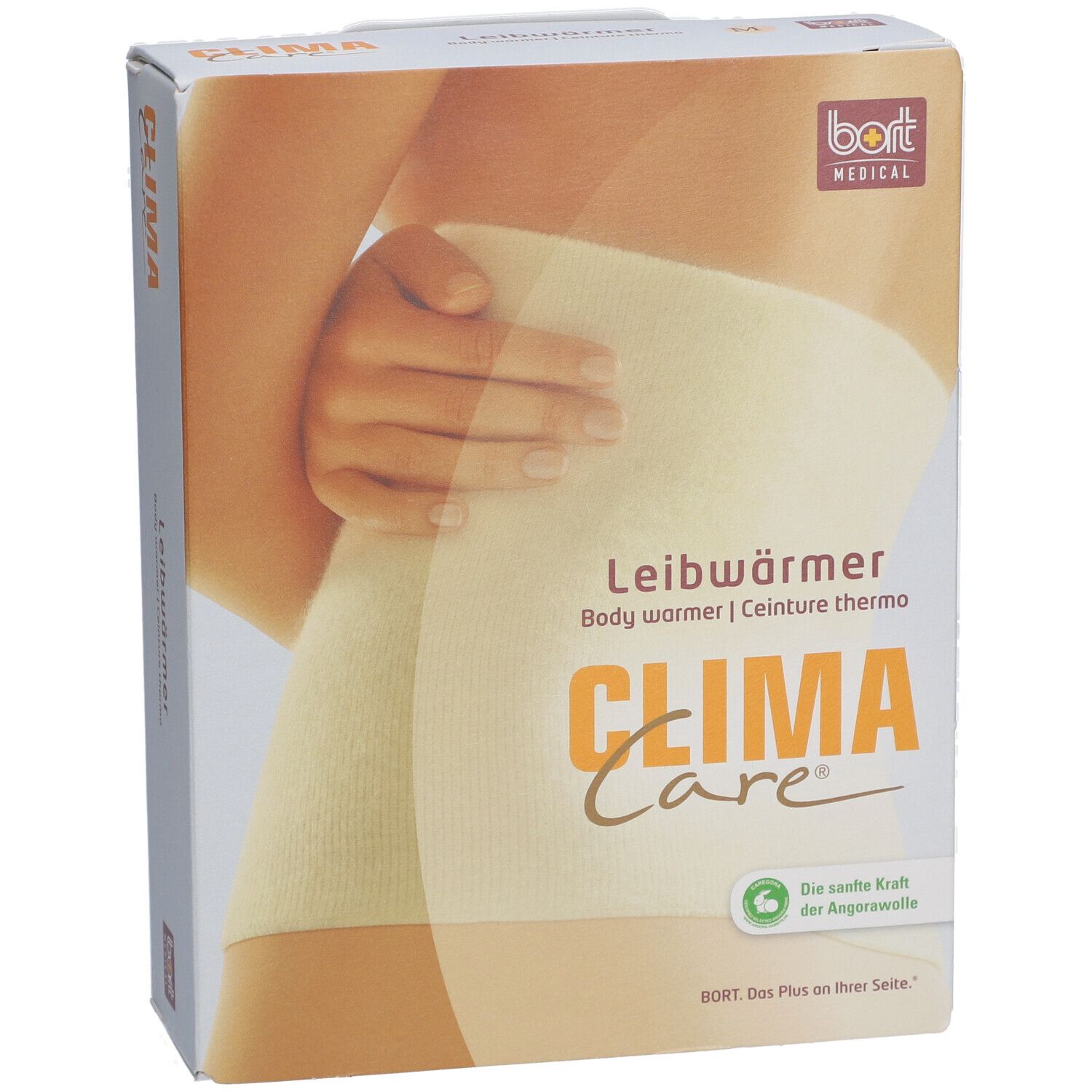 Bort CLIMACare® verpakking. Beige bodywarmer afgebeeld. Opschriften: CLIMA Care, bodywarmer, angorawol.