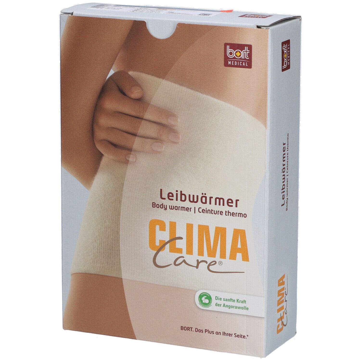 Verpackung mit CLIMACare® Leibwärmer. Produktabbildung am Körper. Logo bort MEDICAL. Text: Leibwärmer, Body warmer, Ceinture thermo.