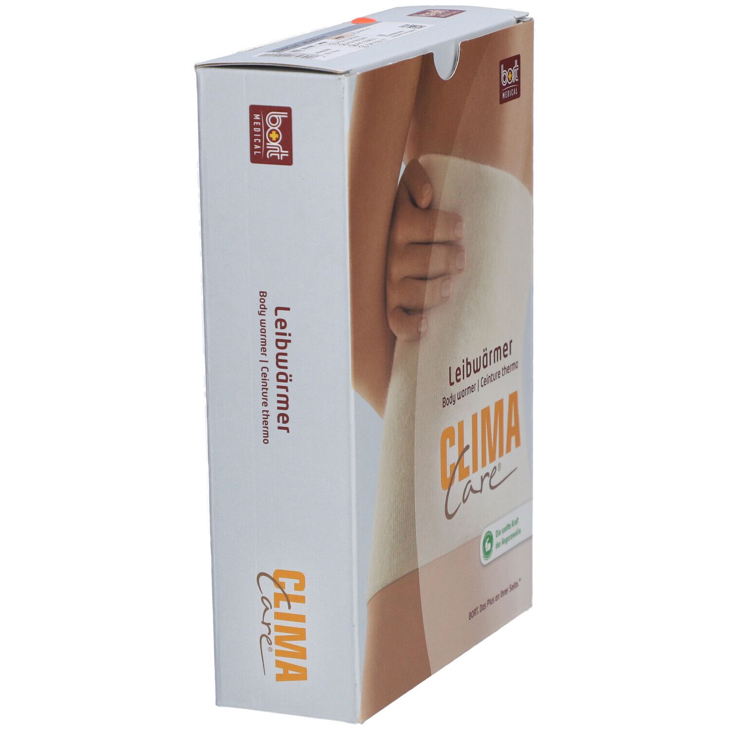 Verpackung CLIMACare® Leibwärmer. Seitenansicht. Logo bort MEDICAL. Text: Leibwärmer, Body warmer, Ceinture thermo.