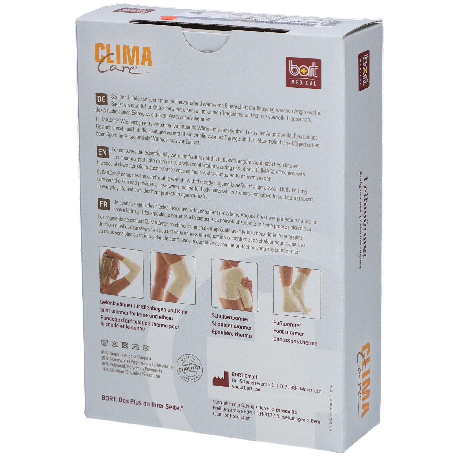 Rückseite der CLIMACare® Leibwärmer Verpackung. Text in Deutsch, Englisch, Französisch. Produktabbildungen: Knie-, Schulter-, Fußwärmer.