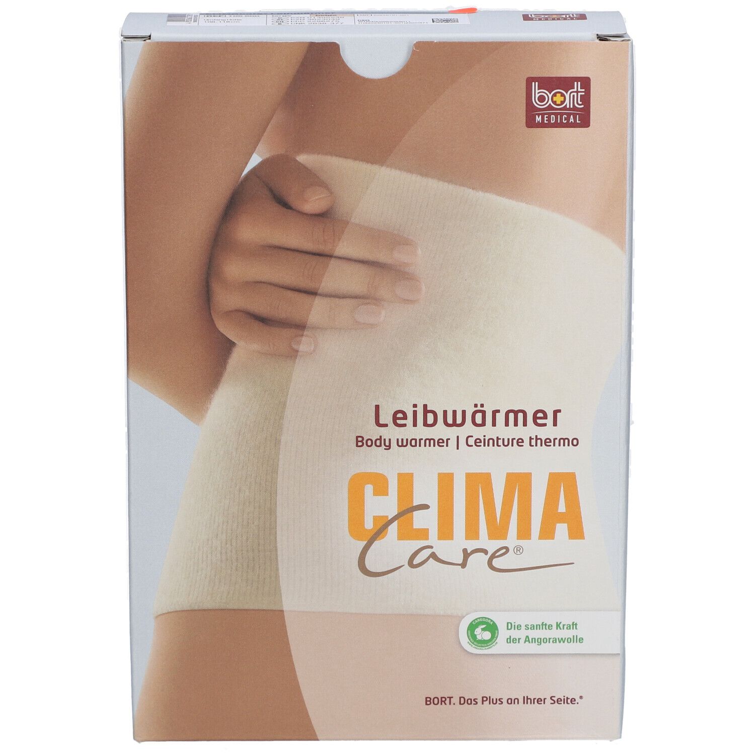 Verpackung mit CLIMACare® Leibwärmer. Produktabbildung am Körper. Logo bort MEDICAL. Text: Leibwärmer, Body warmer, Ceinture thermo.