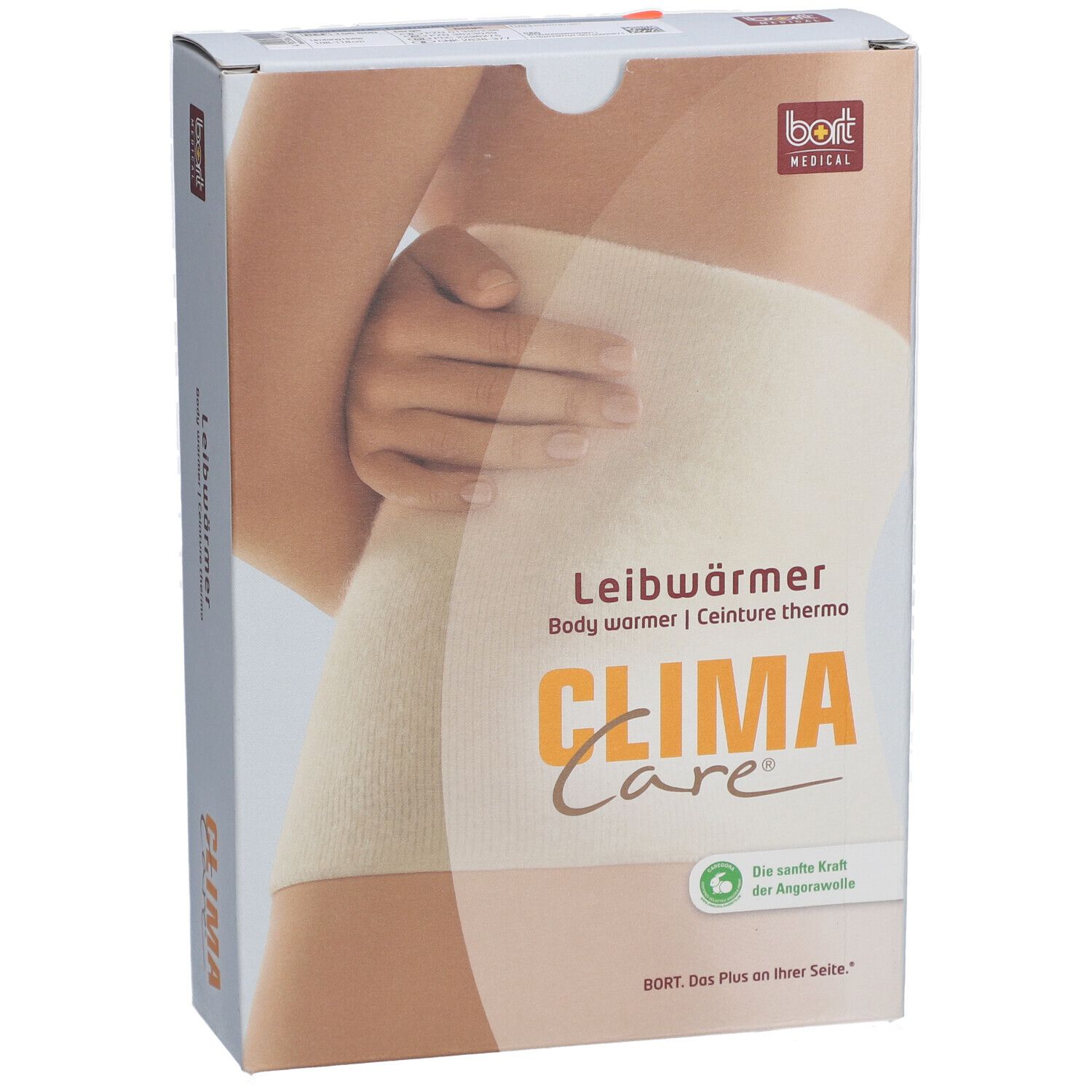 Verpackung mit CLIMACare® Leibwärmer. Produktabbildung am Körper. Logo bort MEDICAL. Text: Leibwärmer, Body warmer, Ceinture thermo.