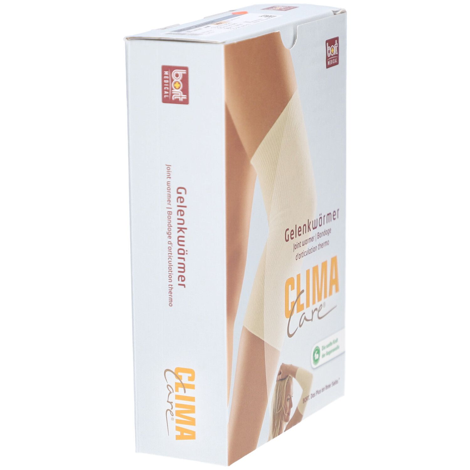 Seitenansicht der Verpackung von CLIMA Care Gelenkwärmer. Aufdruck: Gelenkwärmer, bort MEDICAL, CLIMA Care. Abbildung eines Knies.