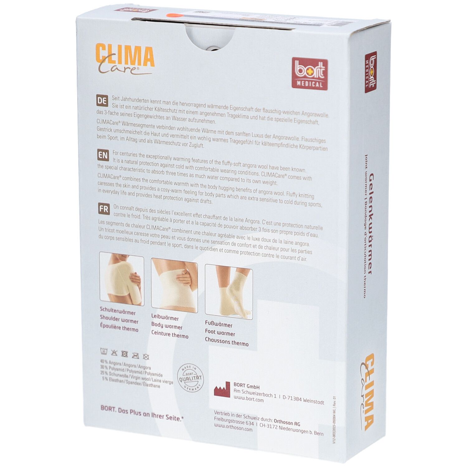 Rückseite der Verpackung von CLIMA Care Gelenkwärmer. Text und Abbildungen von Produkten und Inhaltsstoffen. bort MEDICAL Logo.