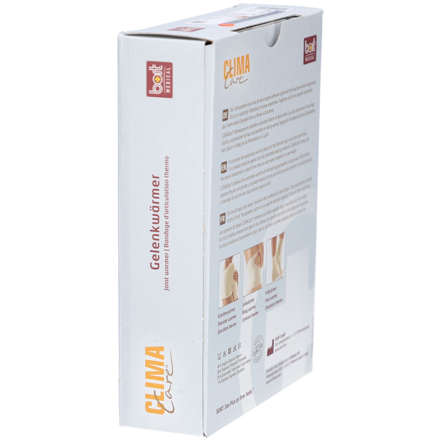 Seitenansicht der Verpackung von CLIMA Care Gelenkwärmer. Aufdruck: Gelenkwärmer, bort MEDICAL, CLIMA Care. Abbildungen.