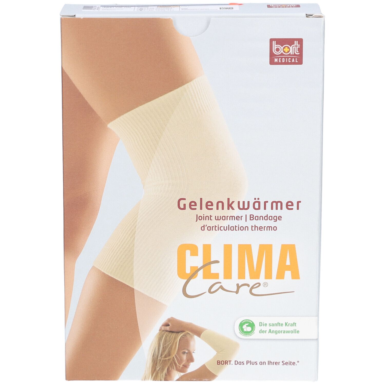 Verpackung mit Gelenkwärmer. Aufdruck: CLIMA Care, Gelenkwärmer, bort MEDICAL. Abbildung eines Knies mit Bandage.