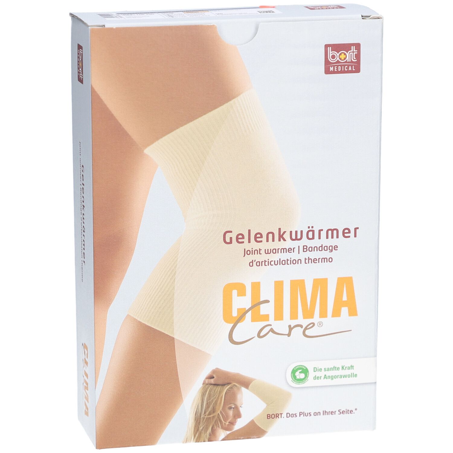 Verpackung mit Gelenkwärmer. Aufdruck: CLIMA Care, Gelenkwärmer, bort MEDICAL. Abbildung eines Knies mit Bandage.