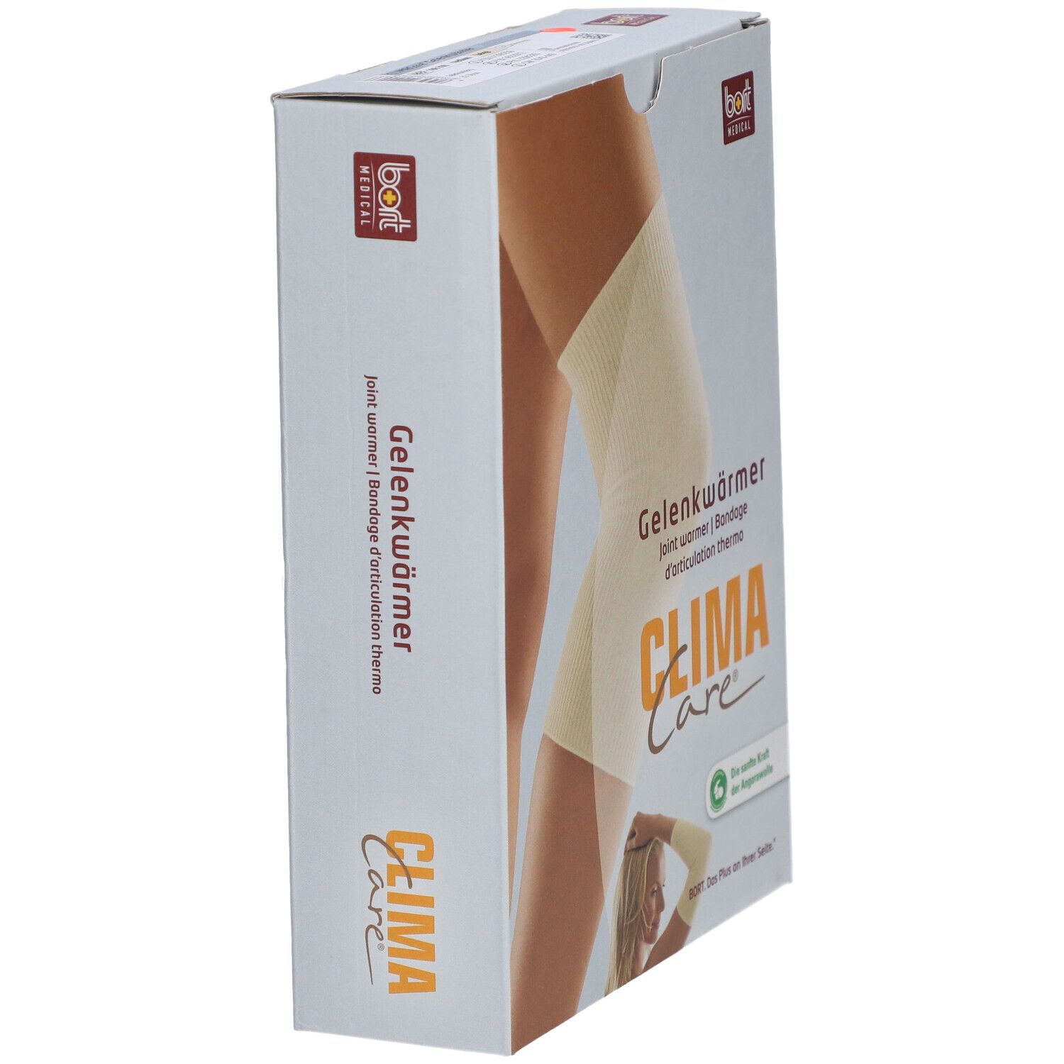 Schräg stehende Verpackung mit Gelenkwärmer. Aufdruck: CLIMACare®, bort MEDICAL. Text: Gelenkwärmer, Bandage d'articulation thermo.