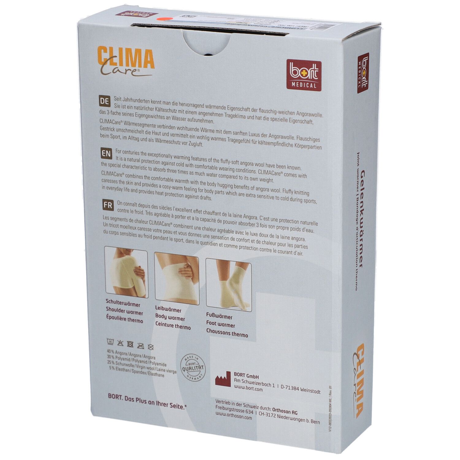 Rückseite der Verpackung mit Produktinformationen. Text in Deutsch, Englisch und Französisch. Abbildungen von Gelenkwärmern.