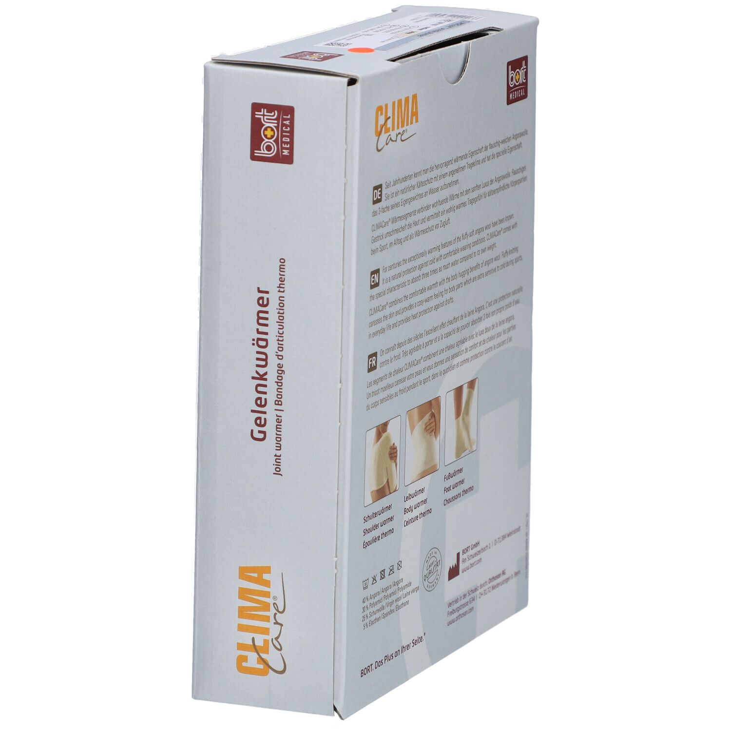 Schräg stehende Verpackung mit Produktinformationen. Text: Gelenkwärmer, joint warmer, Bandage d'articulation thermo. Marke: CLIMACare®.