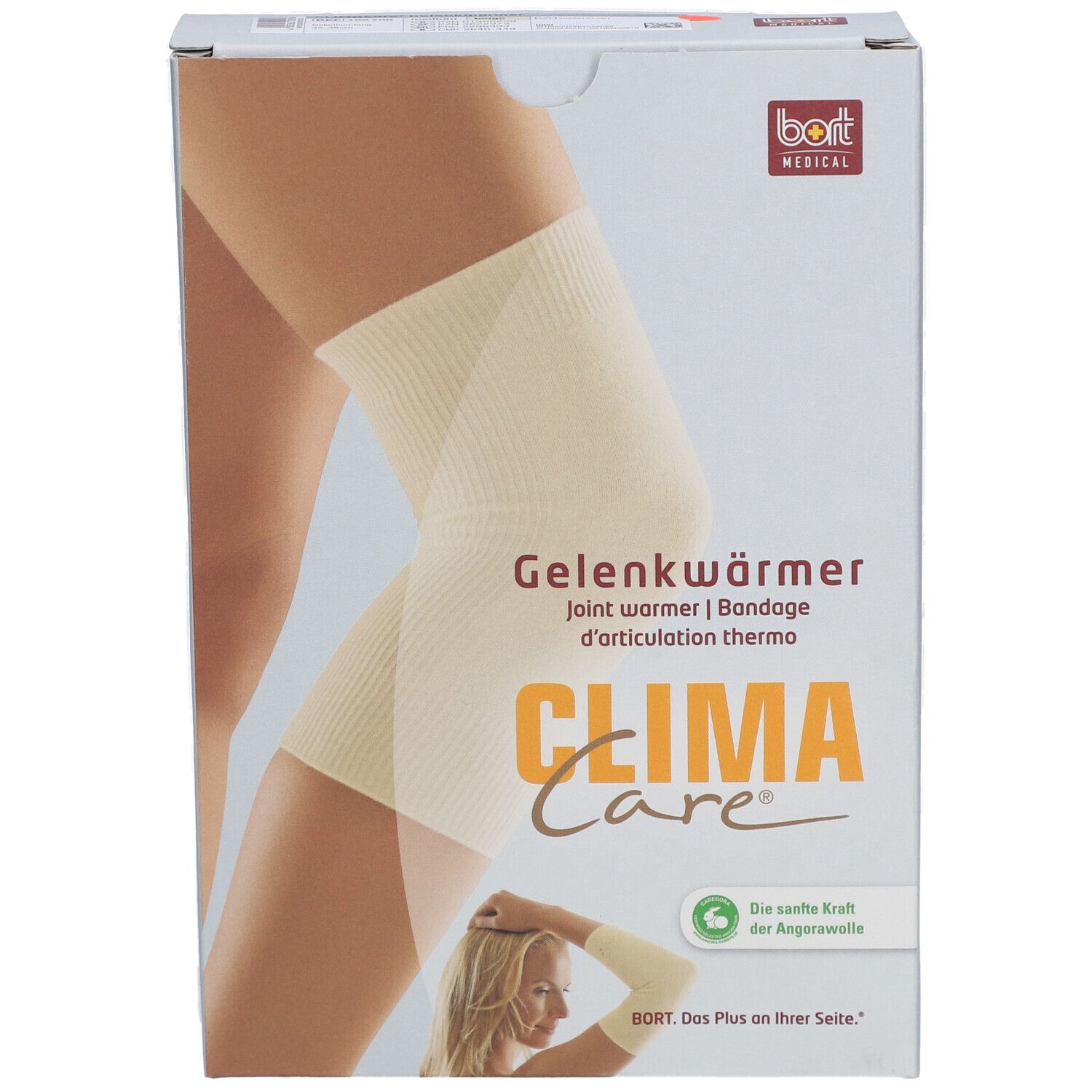 Verpackung mit Gelenkwärmer. Aufdruck: CLIMACare®, bort MEDICAL. Produktabbildung am Bein. Text: Gelenkwärmer, Bandage d'articulation thermo.