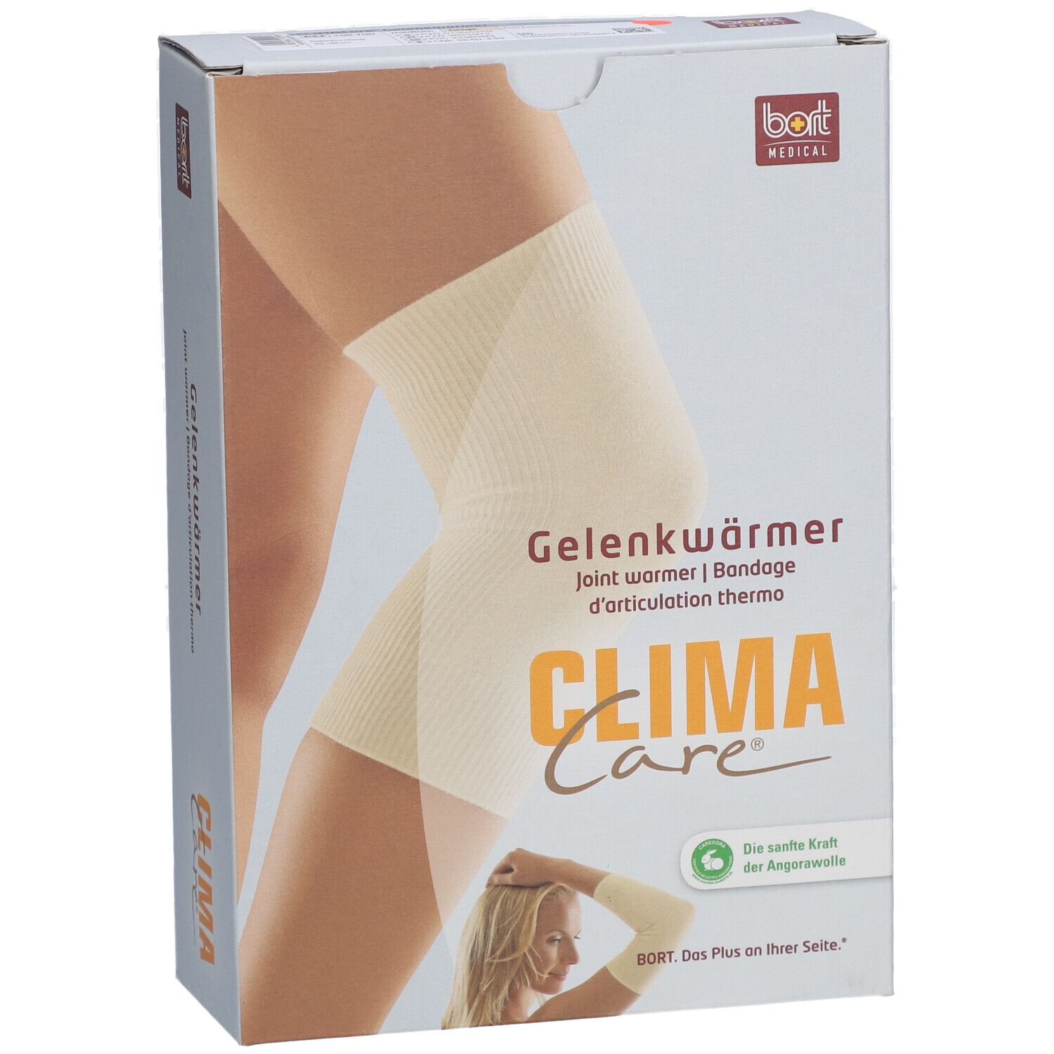 Verpackung mit Gelenkwärmer. Aufdruck: CLIMACare®, bort MEDICAL. Produktabbildung am Bein. Text: Gelenkwärmer, Bandage d'articulation thermo.