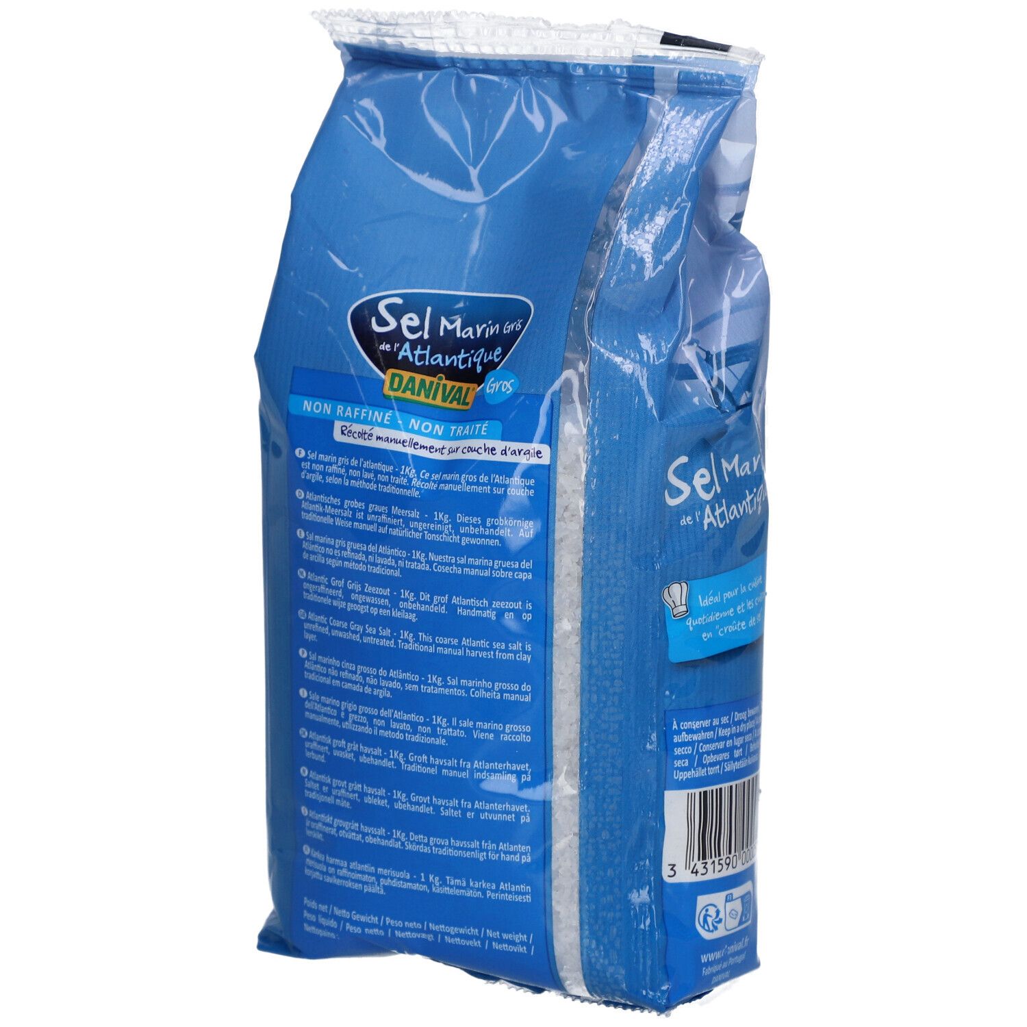 Blaue Verpackung mit grobem Atlantik-Meersalz. Produktname und Logo sichtbar. Text und Informationen auf der Rückseite.