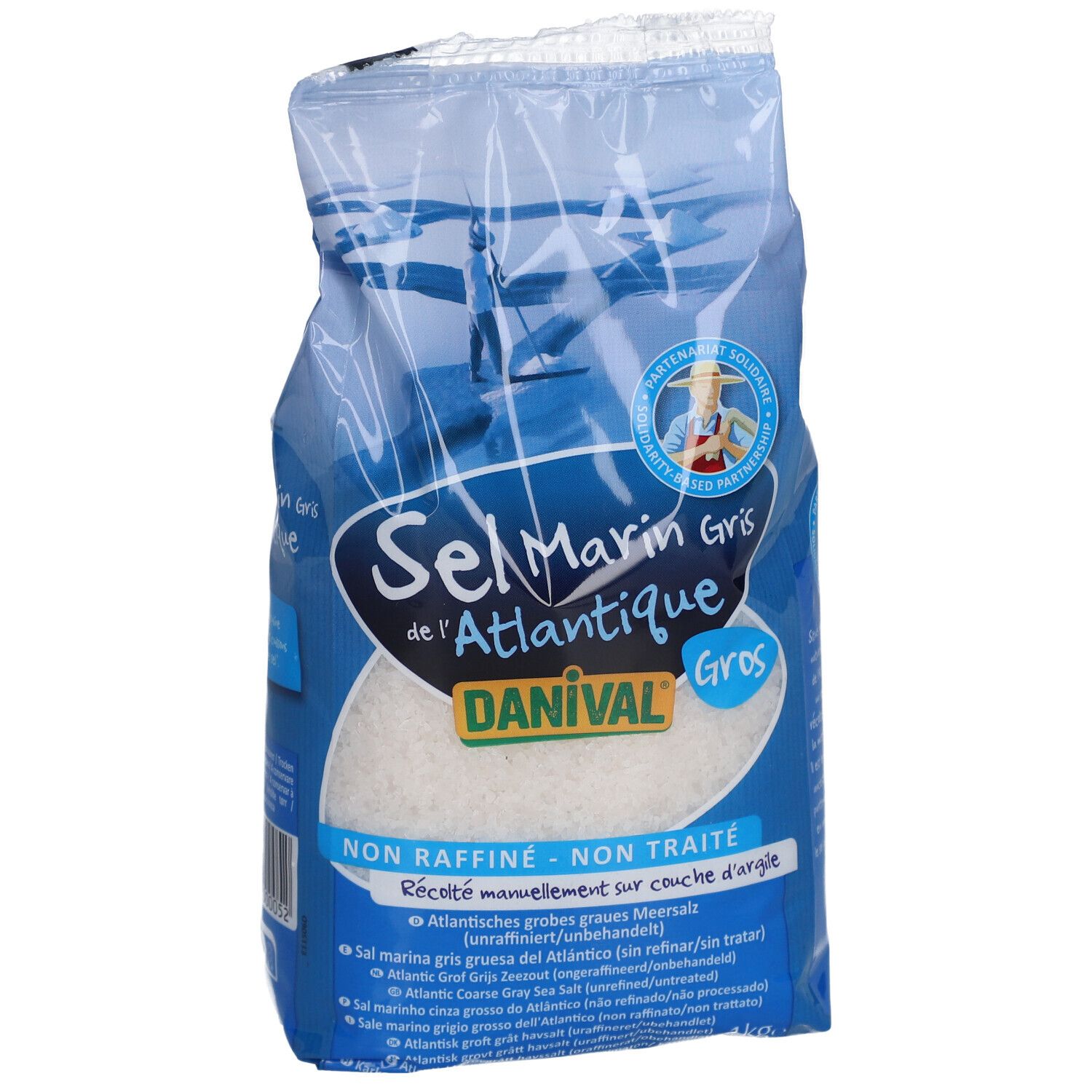 Verpackung mit grobem Atlantik-Meersalz. Blaue Verpackung mit Produktnamen und Logo. Sichtbares grobes Salz.