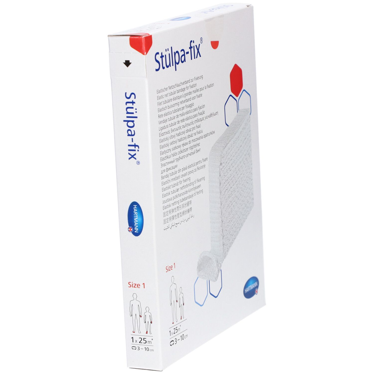 Stülpa-fix® Fingerverband Gr. 1 Verpackung. Weißes Netzverband, Größe 1. Hartmann Logo. Perspektivische Ansicht.