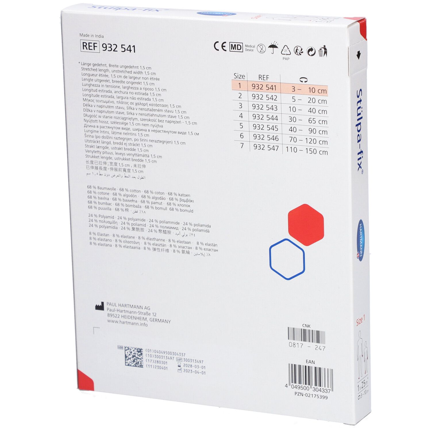 Rückseite der Stülpa-fix® Fingerverband Gr. 1 Verpackung. Größenangaben, Inhaltsstoffe, Herstellerinformationen. CE-Kennzeichnung.