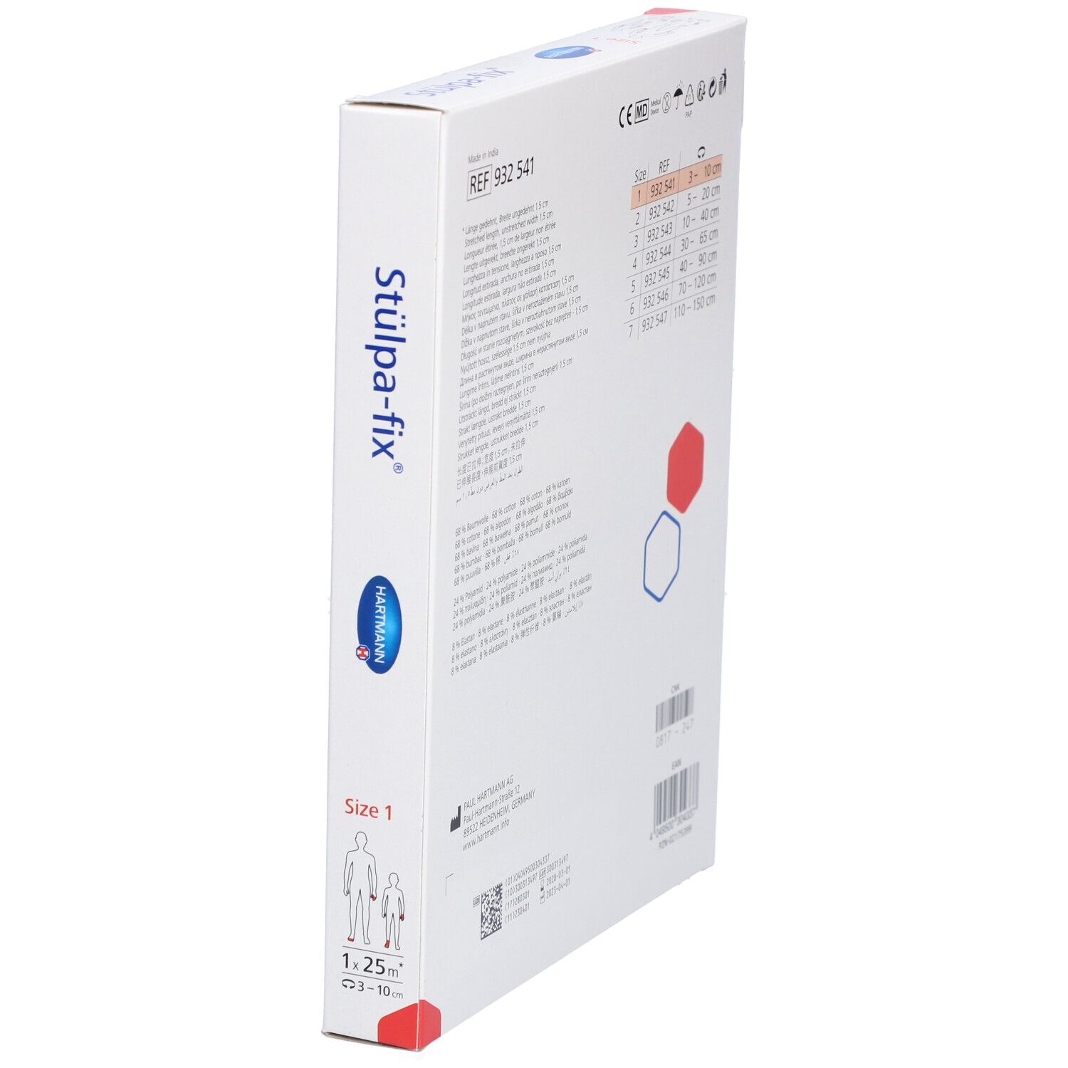 Stülpa-fix® Fingerverband Gr. 1 Verpackung. Größenangaben, Hartmann Logo. Perspektivische Ansicht.