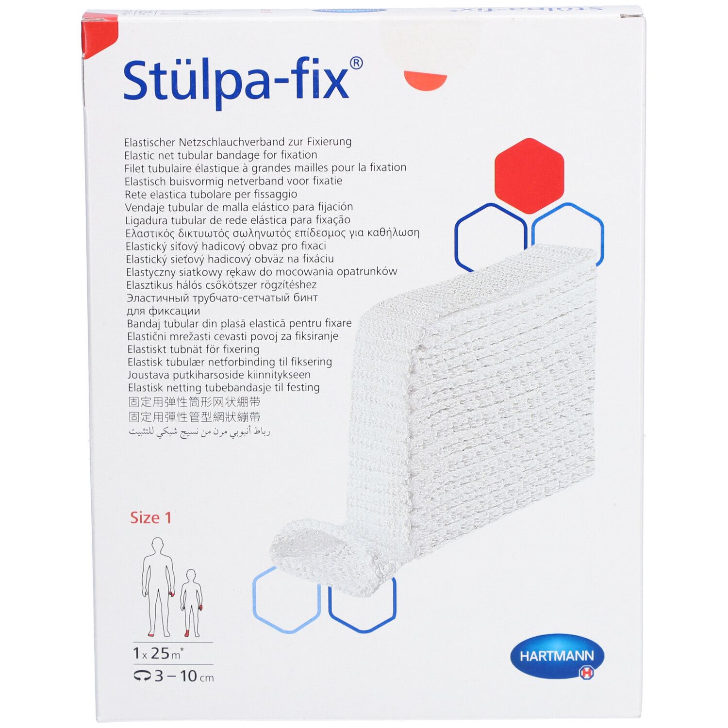 Stülpa-fix® Fingerverband Gr. 1 Verpackung. Weißes Netzverband, Größe 1. Hartmann Logo. Perspektivische Ansicht.