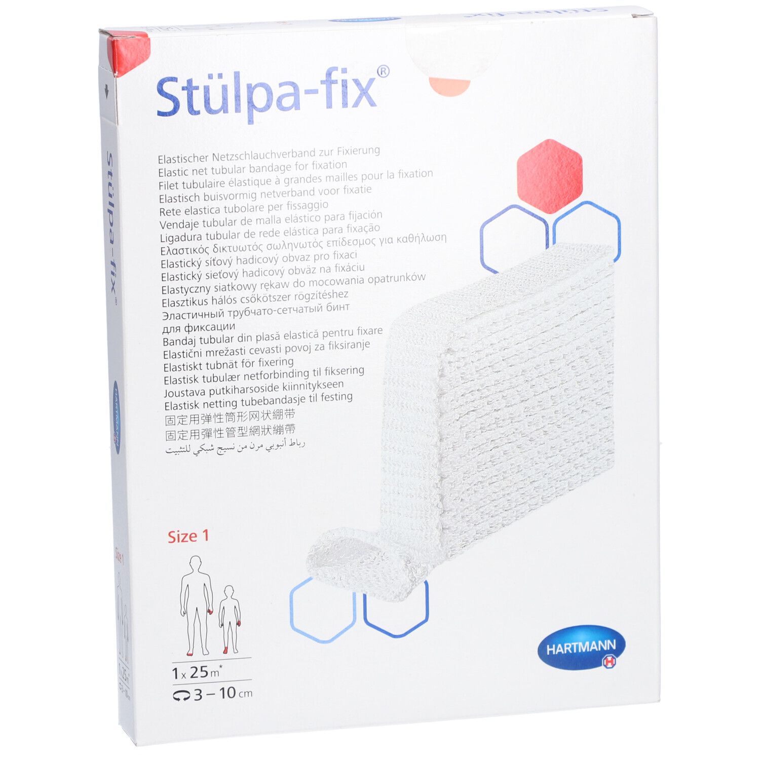Stülpa-fix® Fingerverband Gr. 1 Verpackung. Weißes Netzverband, Größe 1. Hartmann Logo. Perspektivische Ansicht.