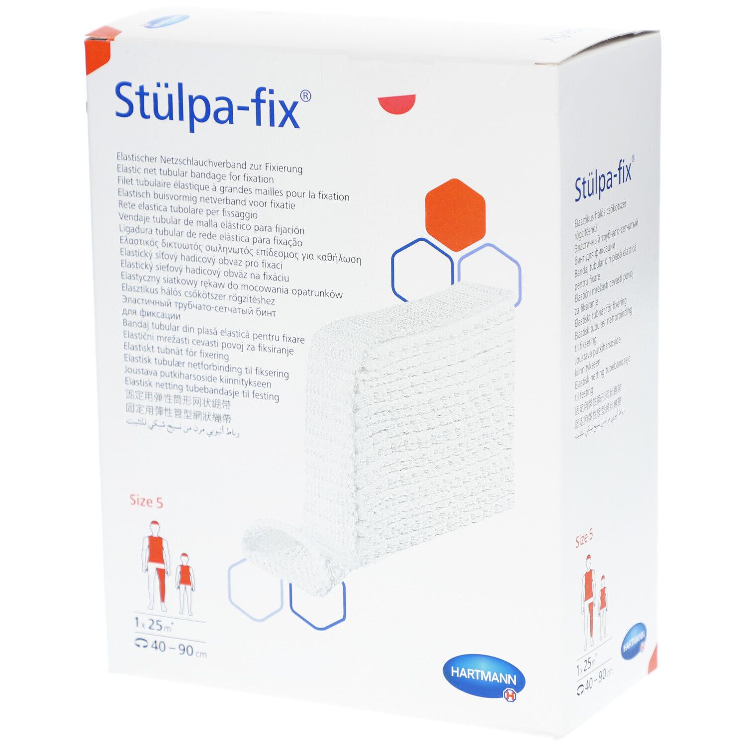Emballage de Stülpa-fix. Bandage tubulaire en filet, taille 5. Matériau en filet élastique blanc. Logo Hartmann.