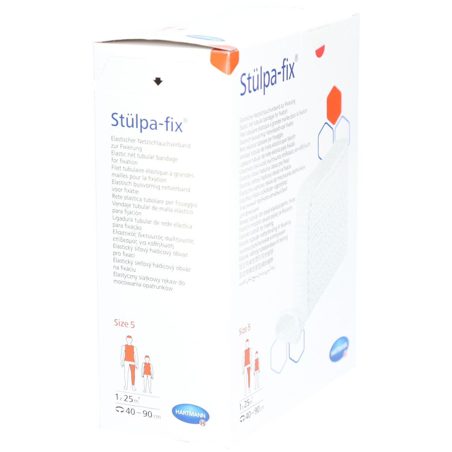 Emballage de Stülpa-fix. Taille 5. Matériau en filet élastique blanc. Logo Hartmann. Vue latérale.