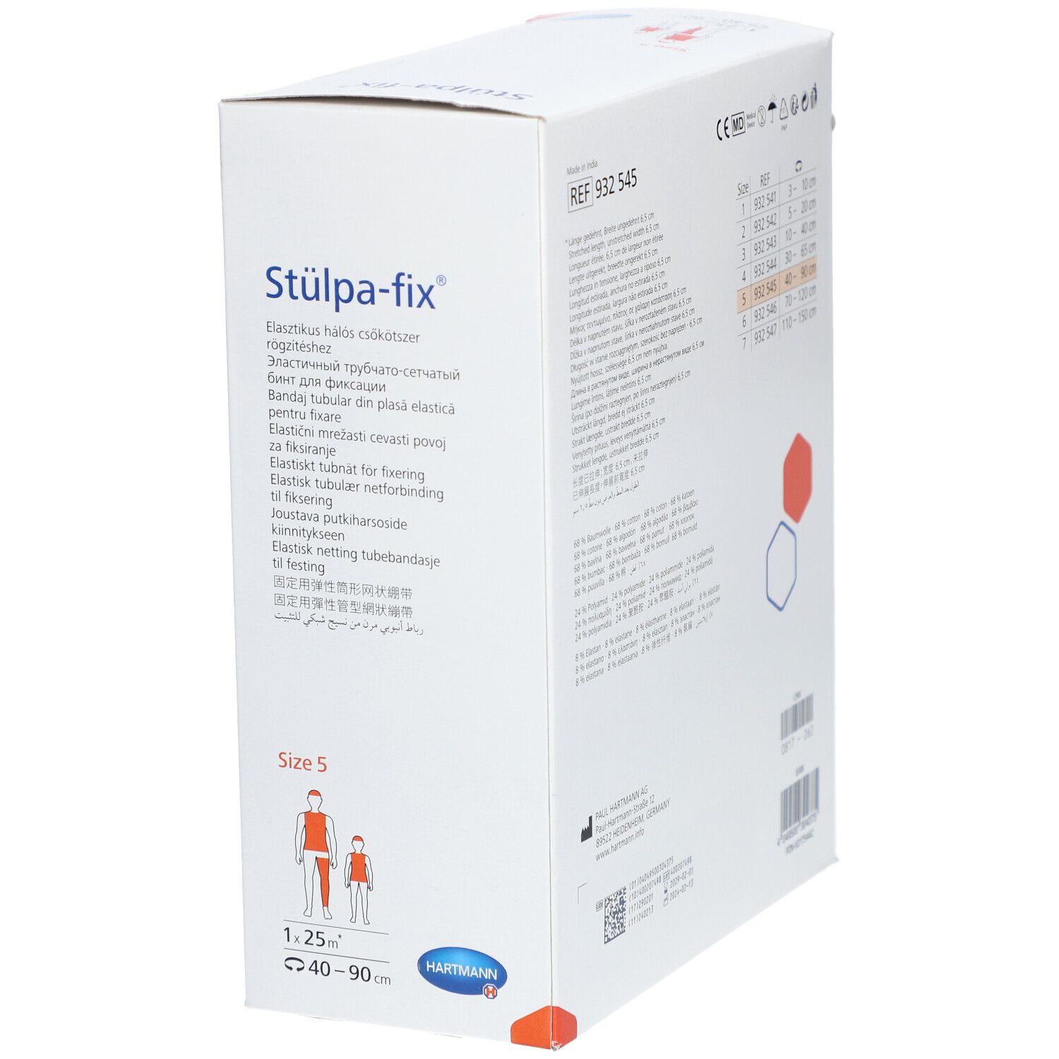 Emballage de Stülpa-fix. Taille 5. Matériau en filet élastique blanc. Logo Hartmann. Vue en biais.