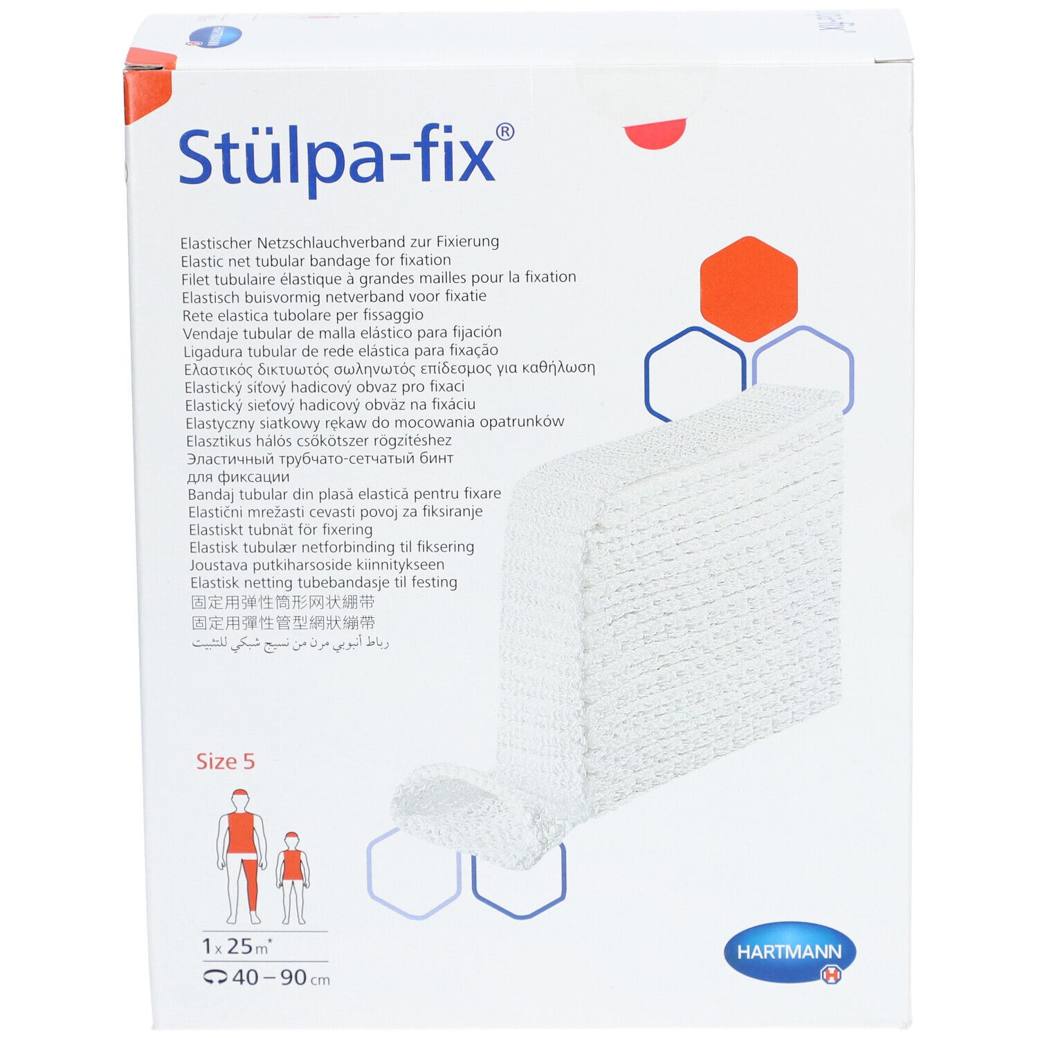 Stülpa-fix, taille 5. Bandage tubulaire en filet blanc et élastique. Logo Hartmann. Emballage.