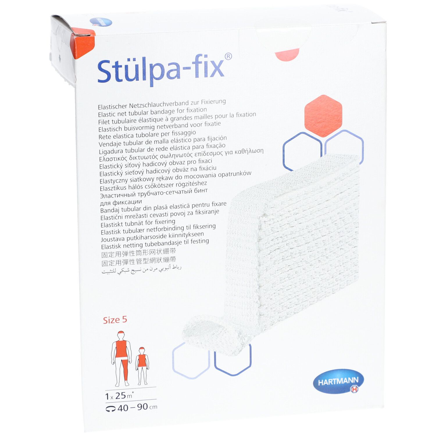 Stülpa-fix, taille 5. Bandage tubulaire en filet blanc et élastique. Logo Hartmann. Emballage.