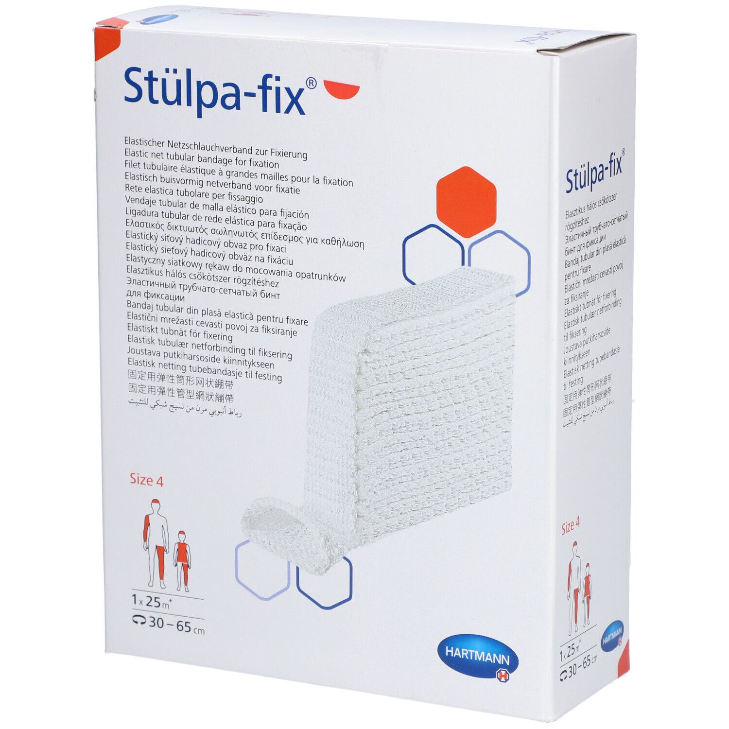 Stülpa-fix® Bein- und Fußbandage Gr. 4 in Verpackung. Weißes Netzmaterial. Marke HARTMANN. Größe 4, 30-65 cm.
