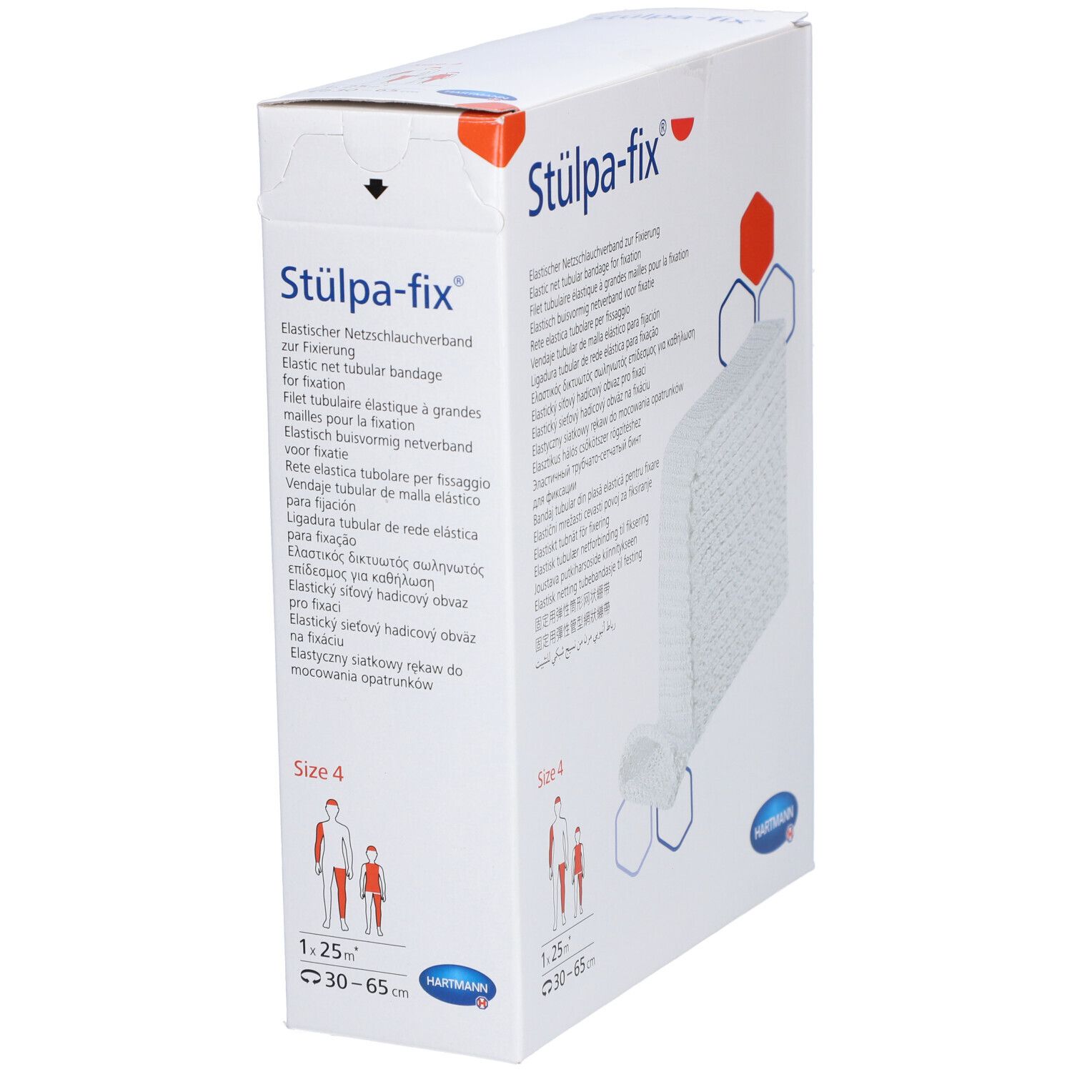 Stülpa-fix® Bein- und Fußbandage Gr. 4. Verpackung mit weißem Netzmaterial. Marke HARTMANN. Größe 4, 30-65 cm.