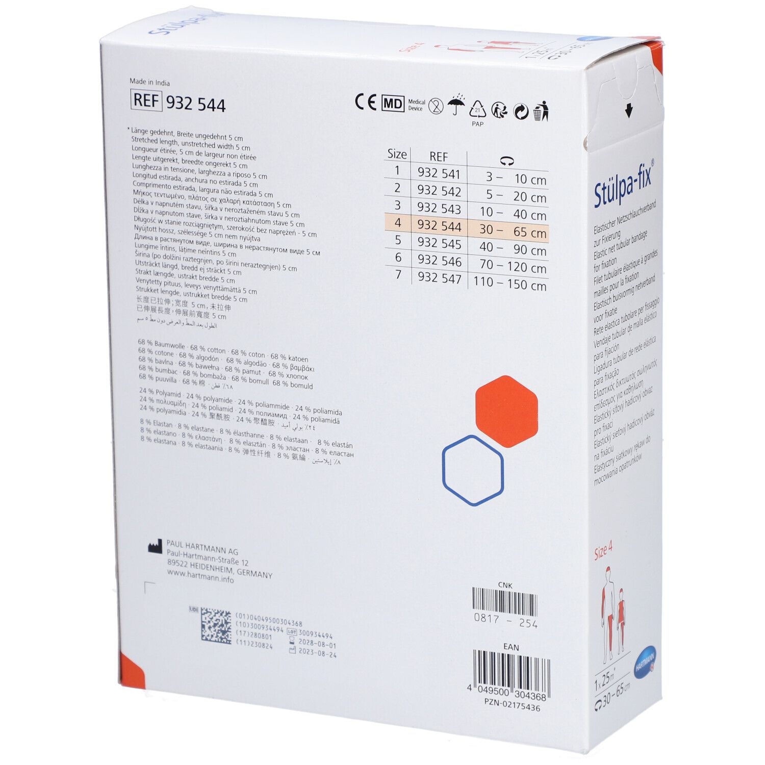 Rückseite der Stülpa-fix® Verpackung. Größenangaben, Materialzusammensetzung, Herstellerinformationen. Größe 4, 30-65 cm.