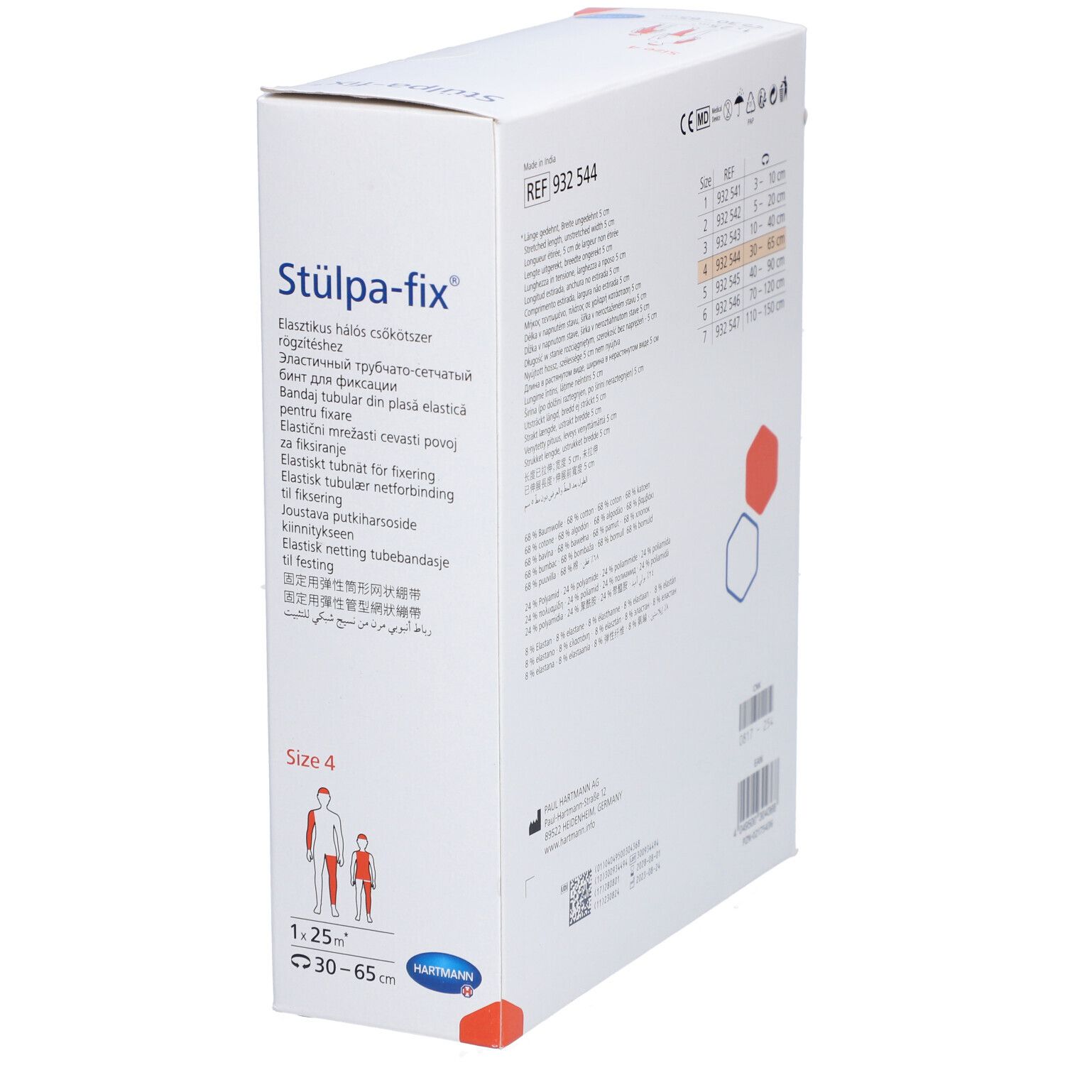 Stülpa-fix® Bein- und Fußbandage Gr. 4 in Verpackung. Weißes Netzmaterial. Marke HARTMANN. Größe 4, 30-65 cm.