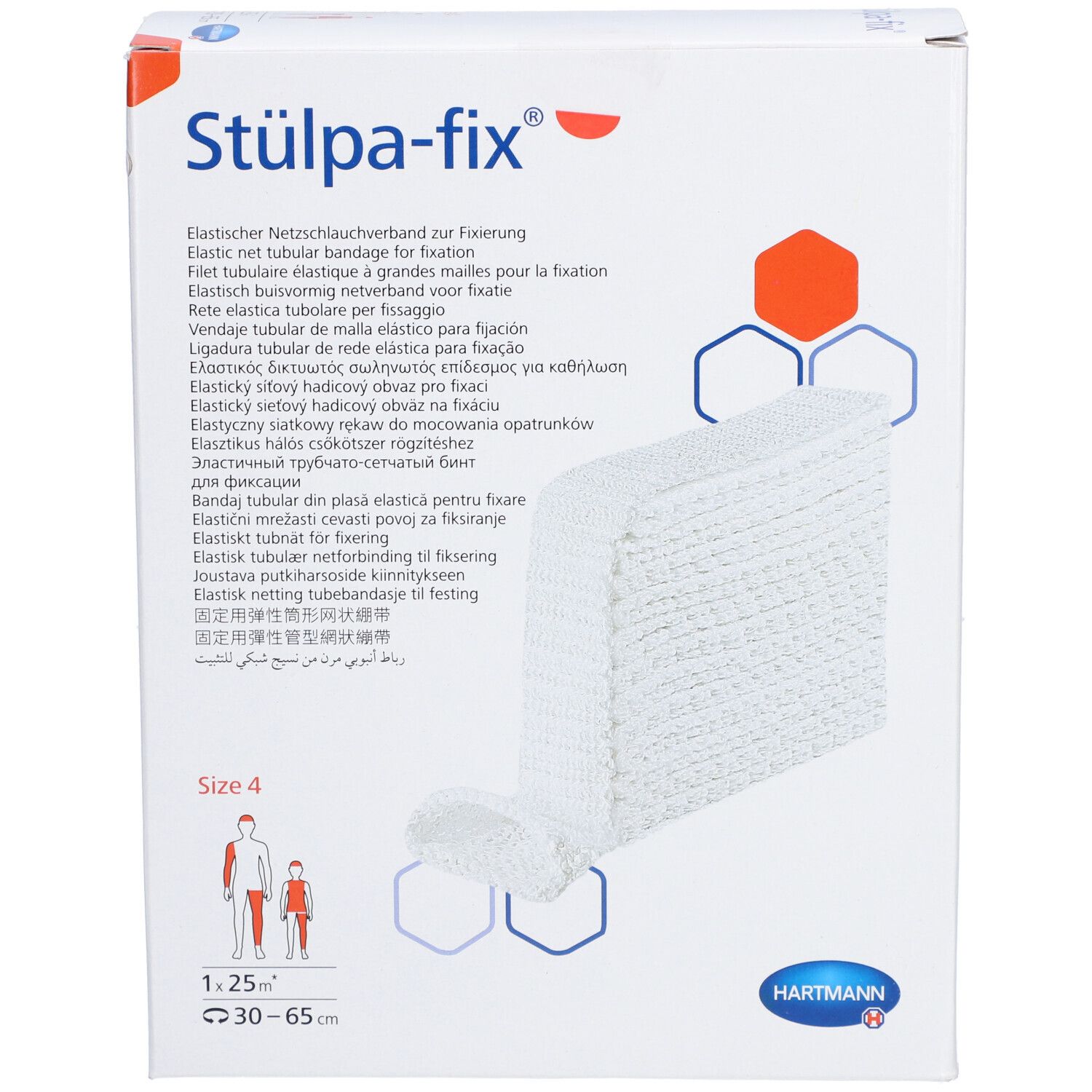 Stülpa-fix® Bein- und Fußbandage Gr. 4 in Verpackung. Weißes Netzmaterial. Marke HARTMANN. Größe 4, 30-65 cm.