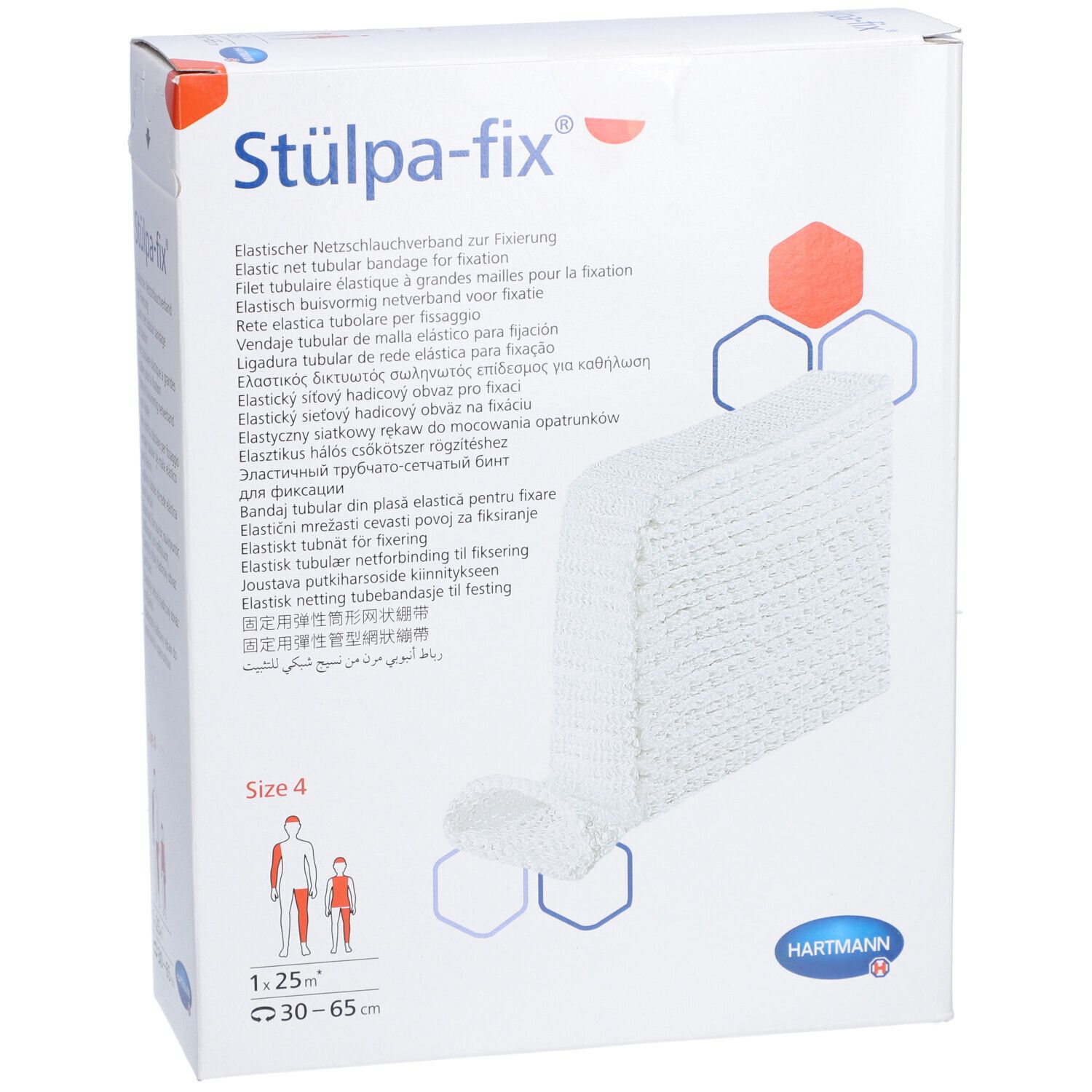 Stülpa-fix® Bein- und Fußbandage Gr. 4 in Verpackung. Weißes Netzmaterial. Marke HARTMANN. Größe 4, 30-65 cm.