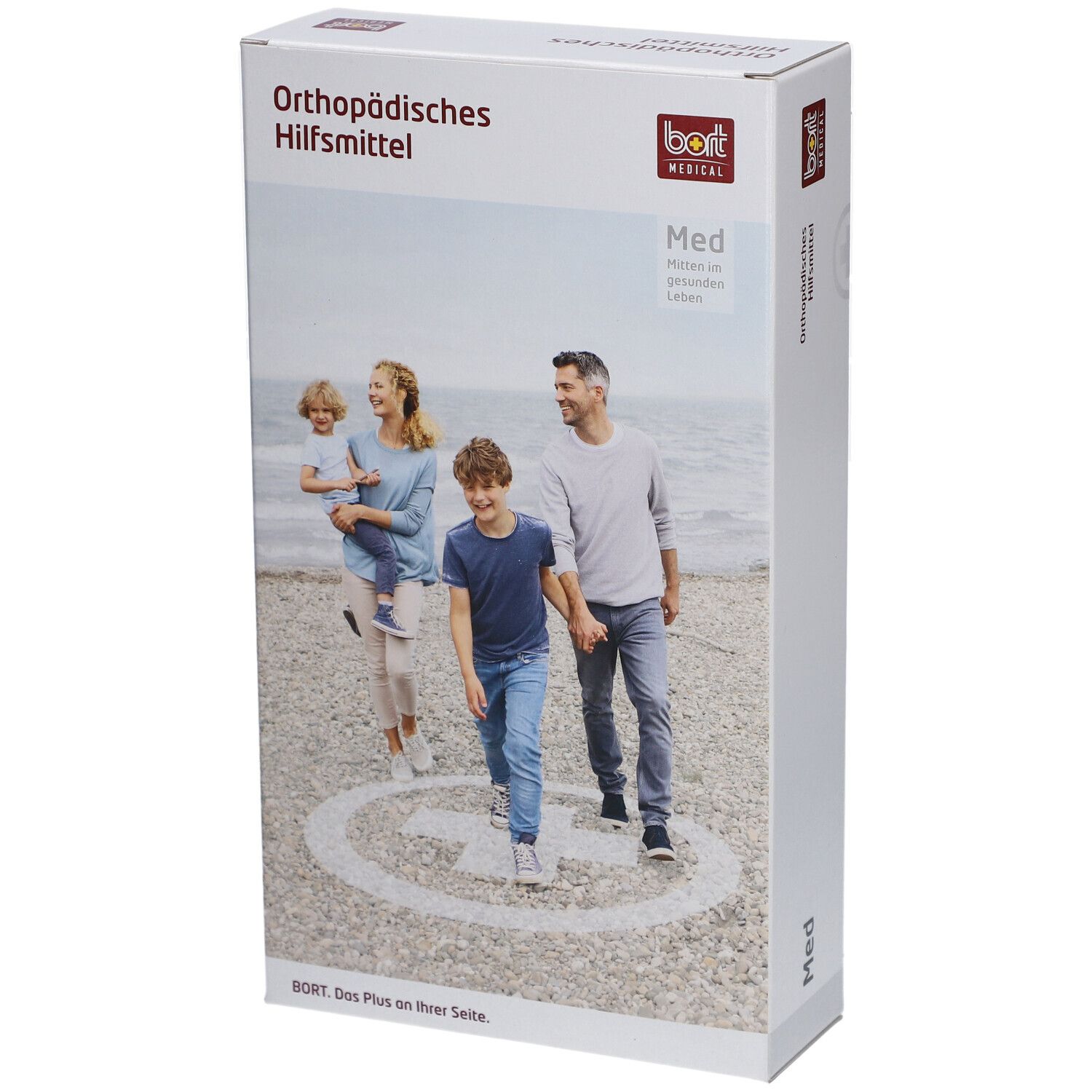 Emballage. Inscription : Orthopädisches Hilfsmittel, bort medical, Med. Image d'une famille à la plage.