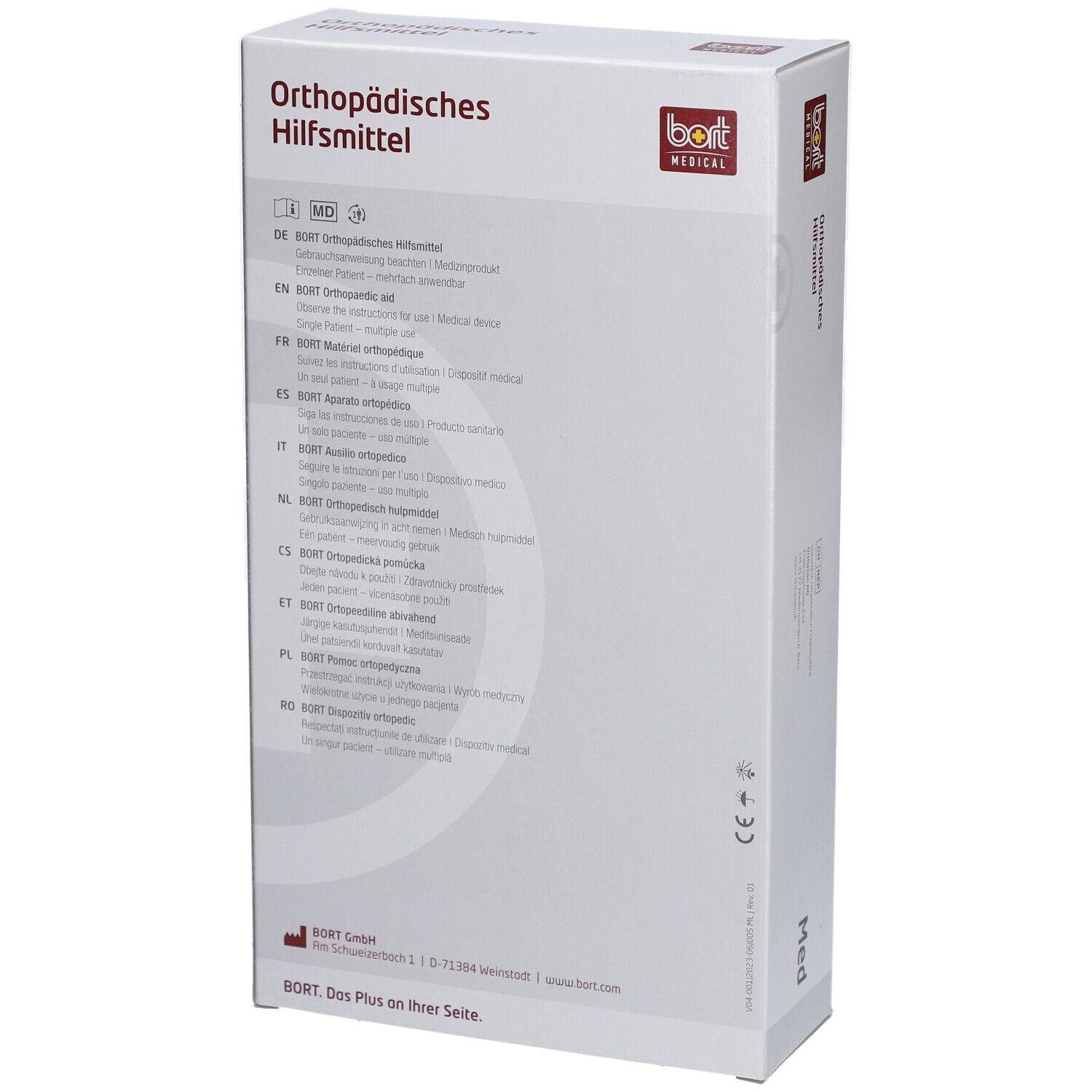 Emballage. Inscription : Orthopädisches Hilfsmittel, bort medical, Med. Informations produit multilingues.