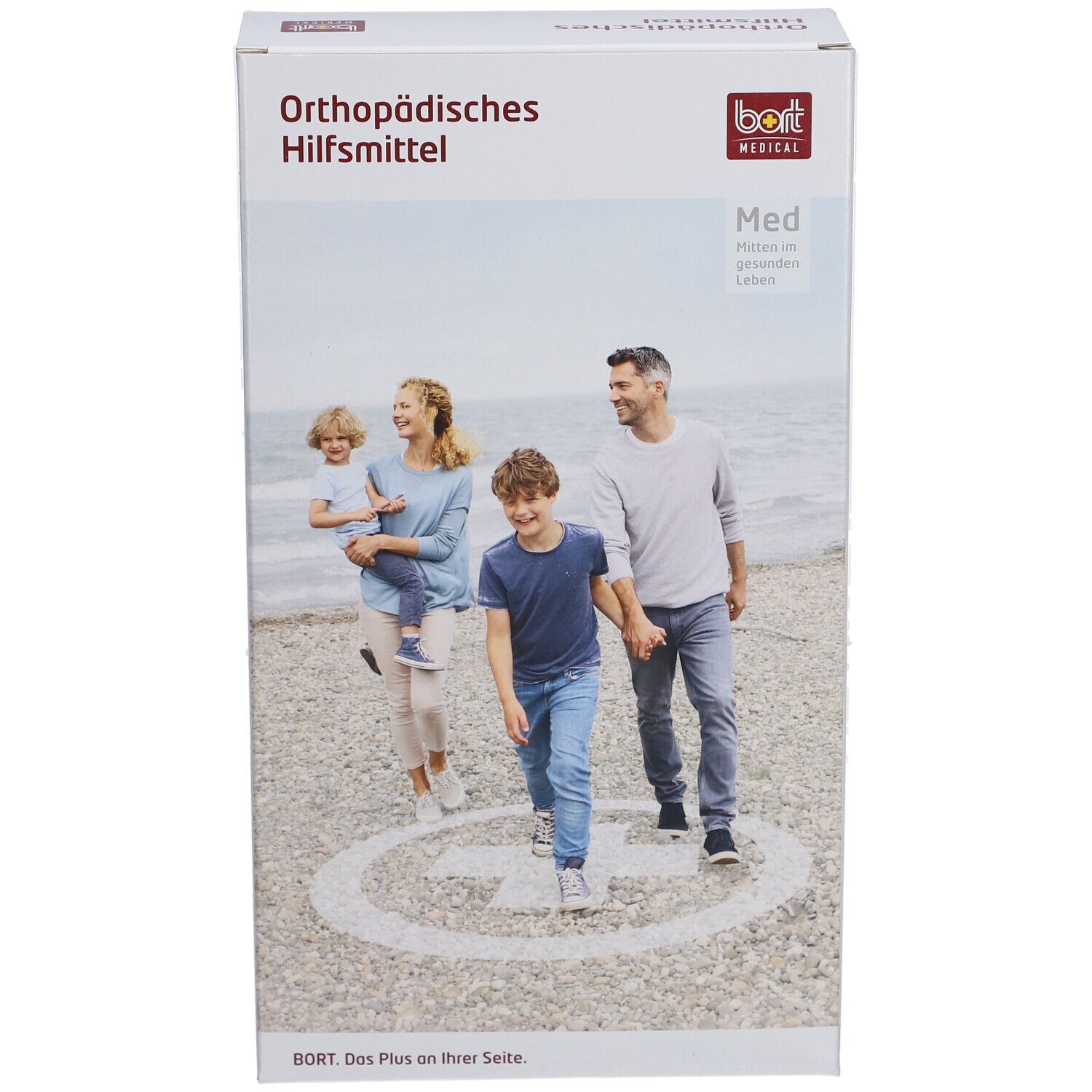 Emballage. Inscription : Orthopädisches Hilfsmittel, bort medical, Med. Image d'une famille à la plage.