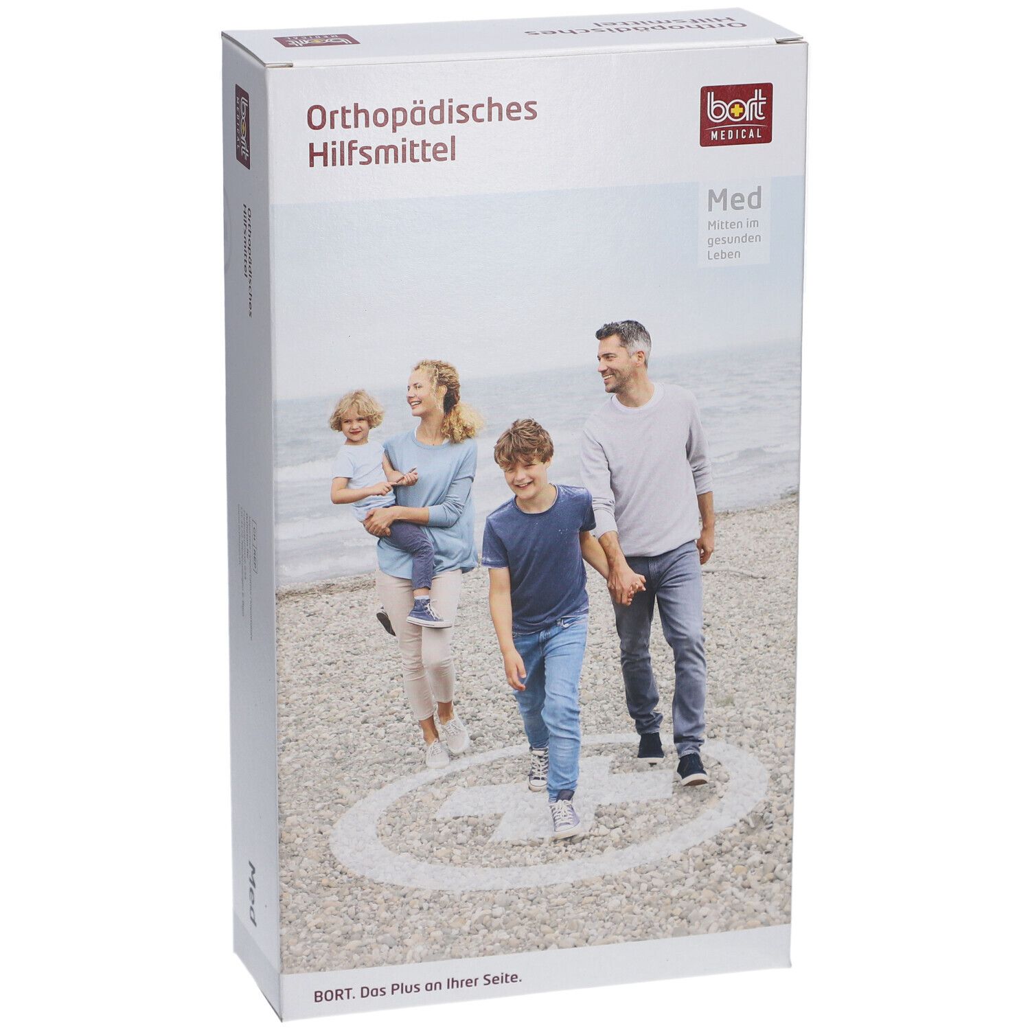 Emballage. Inscription : Orthopädisches Hilfsmittel, bort medical, Med. Image d'une famille à la plage.