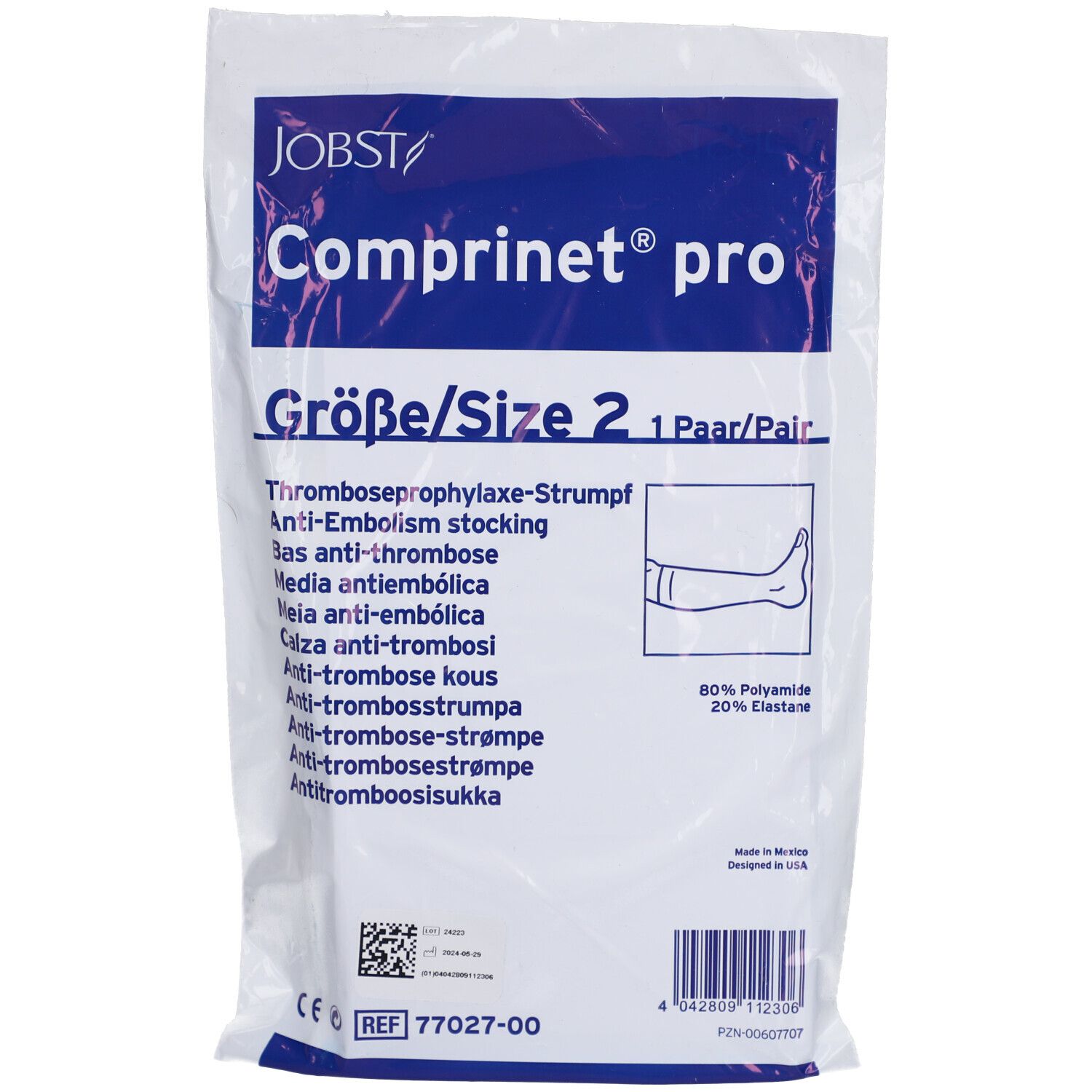 Verpackung mit Kompressionsstrümpfen. Größe 2, 1 Paar. Text: Anti-Embolie-Strumpf. Material: 80% Polyamid, 20% Elasthan. CE-Kennzeichnung.