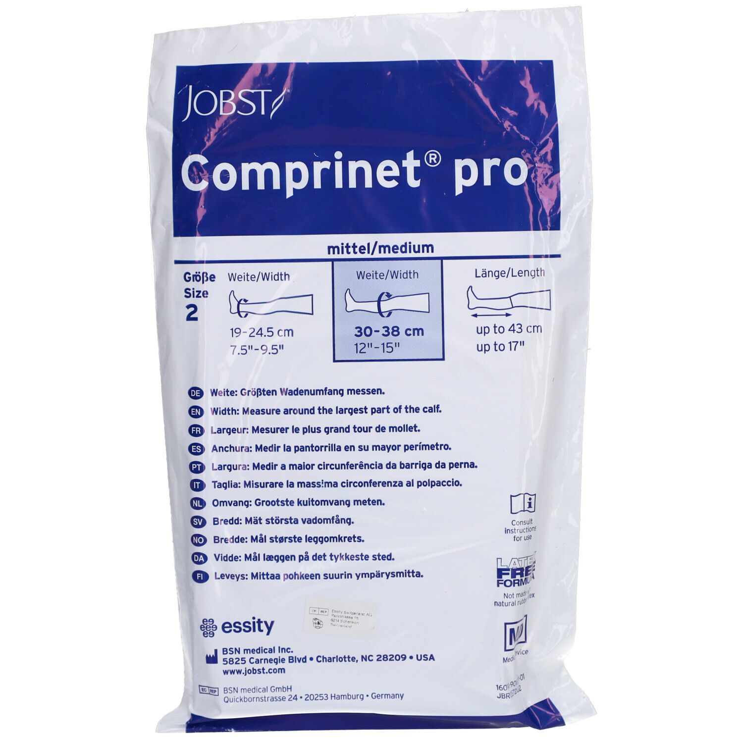 Verpackung mit Kompressionsstrümpfen. Größe 2, mittel. Maße: 19-24.5 cm, 30-38 cm, bis 43 cm. Text: Anti-Embolie-Strumpf. Hersteller: BSN medical.