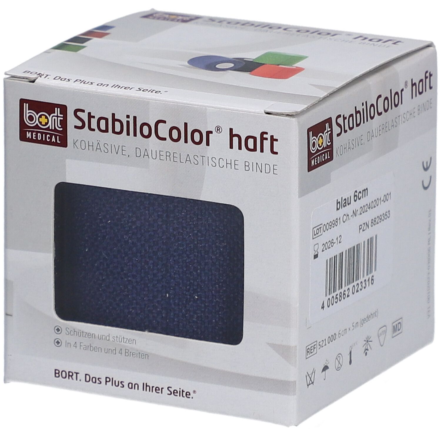 Karton mit BORT StabiloColor haft Binde, blau 6 cm. Produktinformationen und Barcode auf der Verpackung.