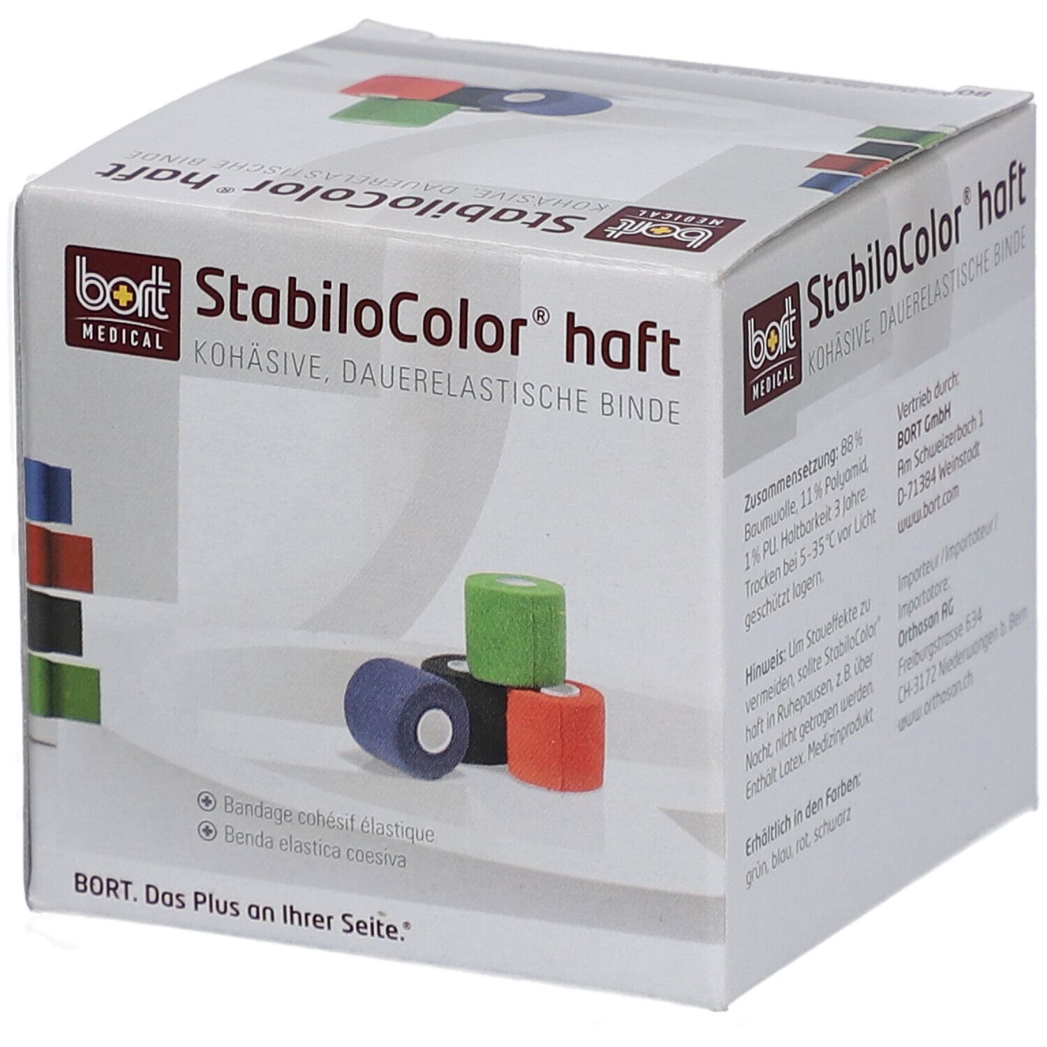 Karton mit BORT StabiloColor haft Binde. Mehrere farbige Binden sind sichtbar. Produktname und Logo sind deutlich.