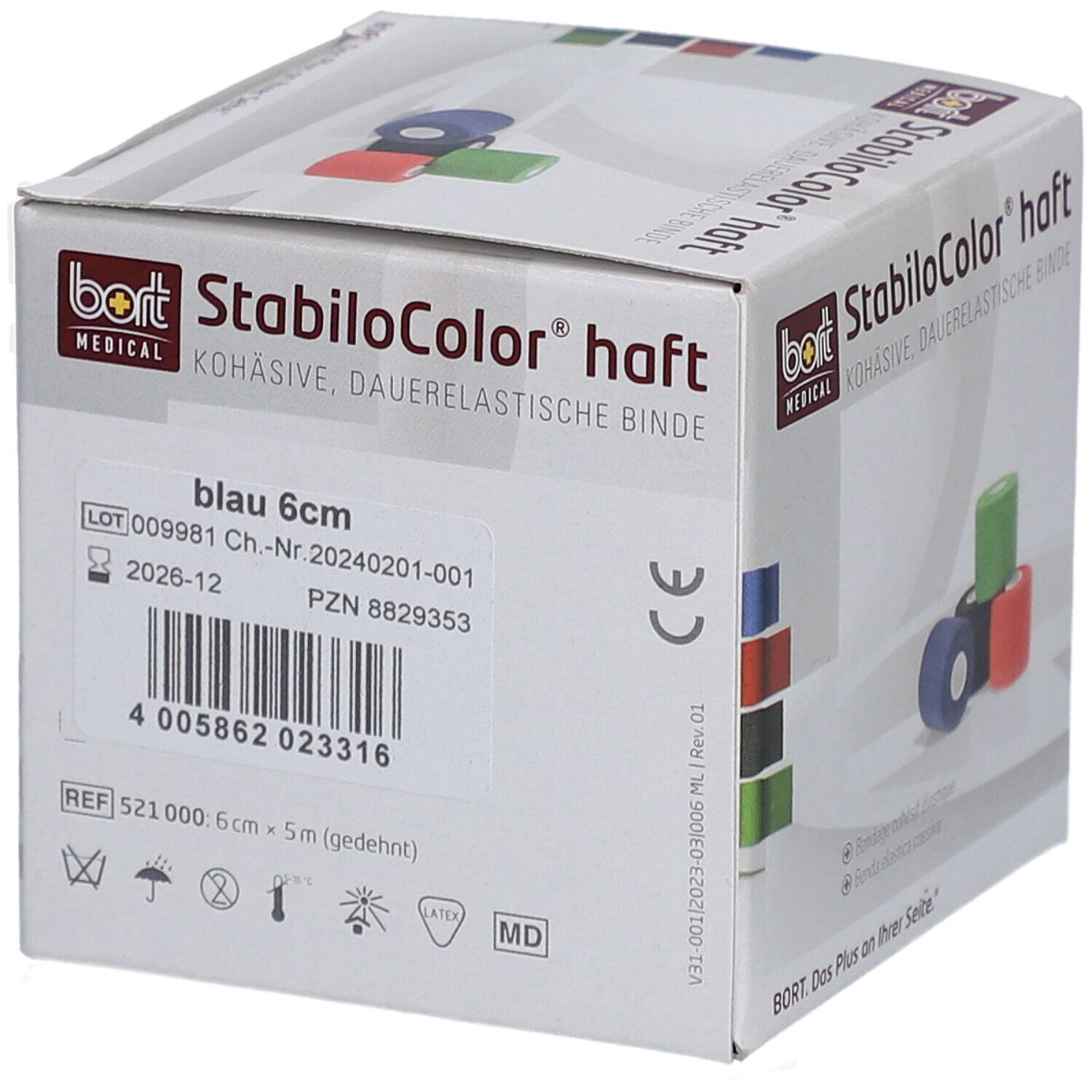 Karton mit BORT StabiloColor haft Binde, blau 6 cm. Produktinformationen, Chargennummer und Haltbarkeitsdatum.