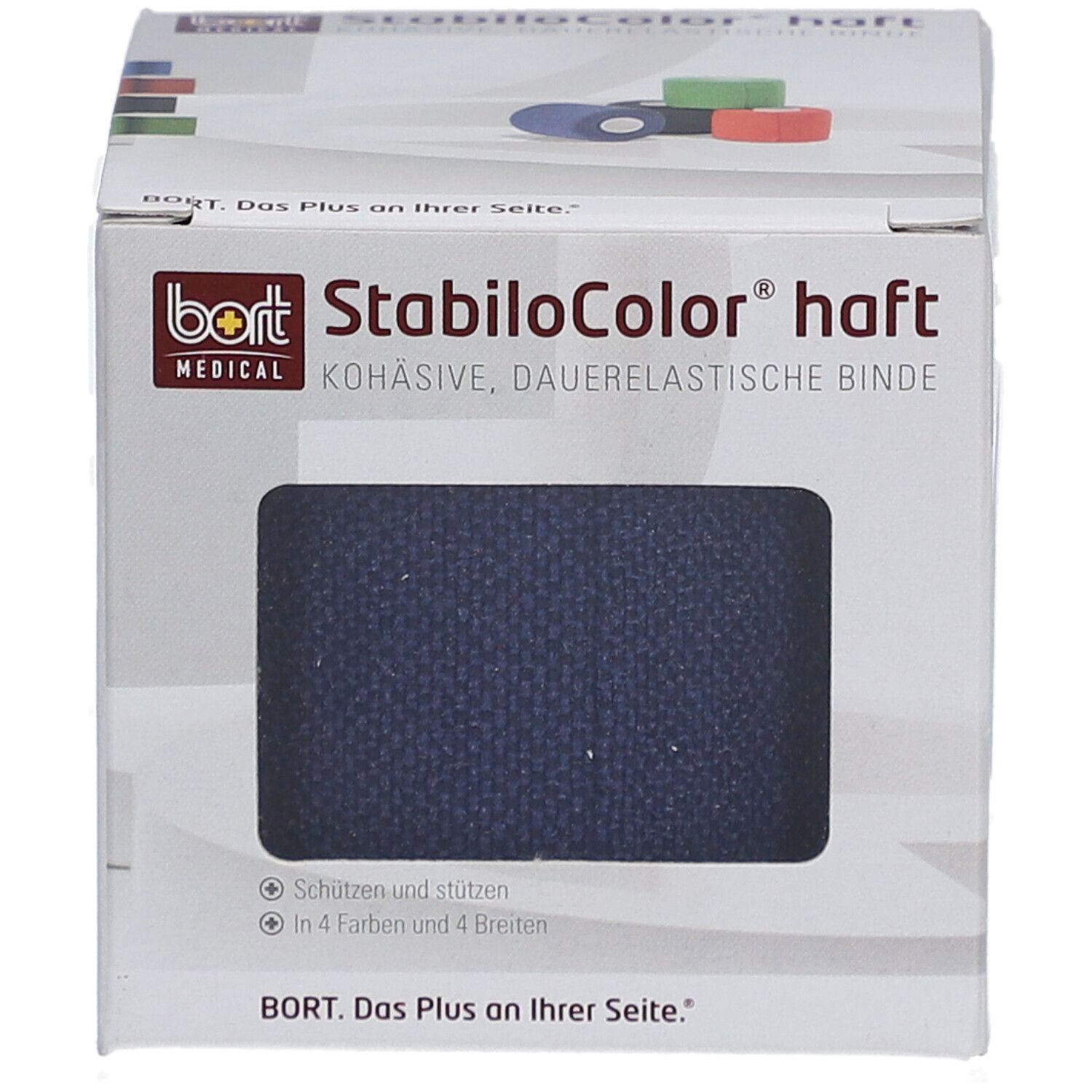 Karton mit BORT StabiloColor haft Binde. Blaue Binde ist sichtbar. Produktname und Logo sind deutlich.