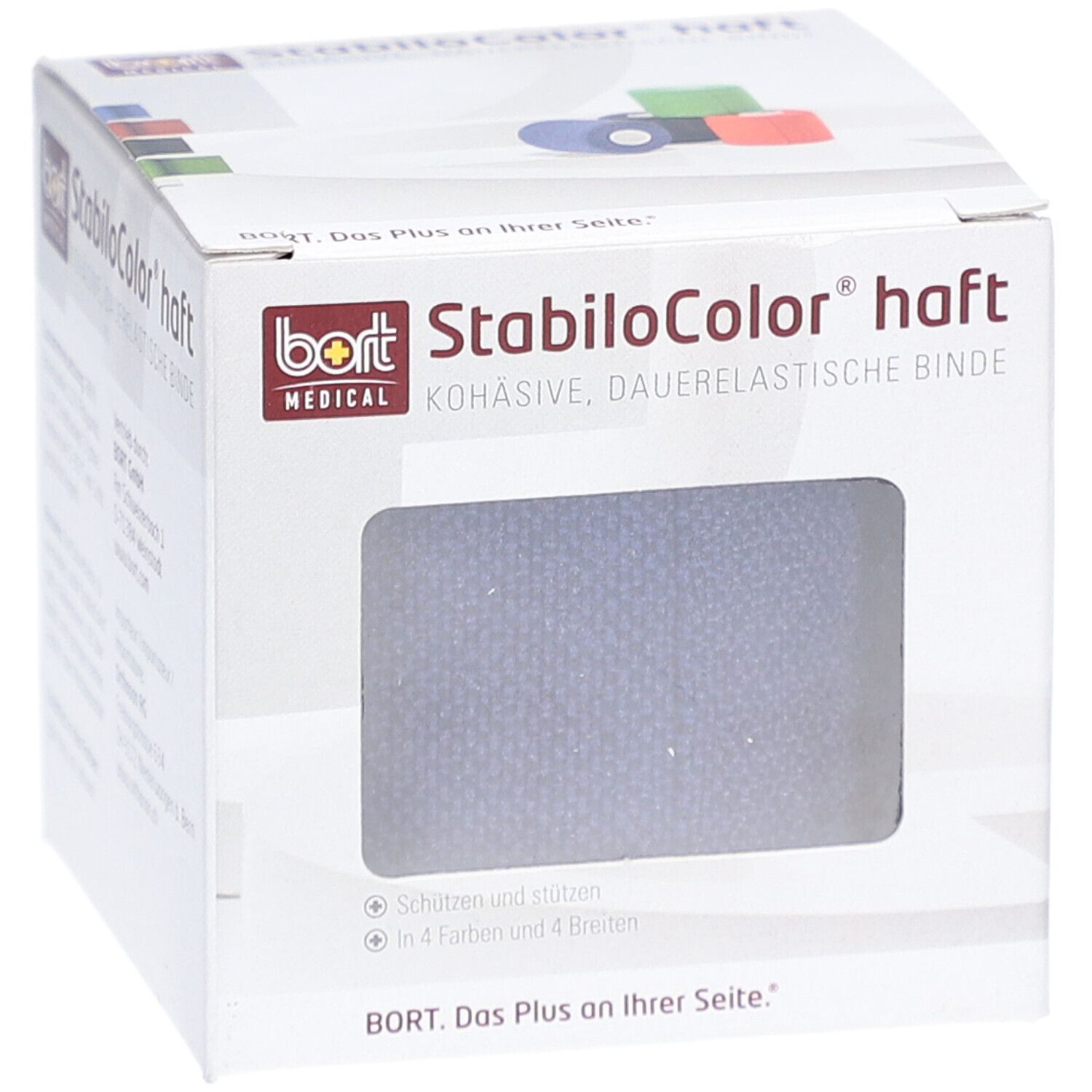 Karton mit BORT StabiloColor haft Binde. Graue Binde ist sichtbar. Produktname und Logo sind deutlich.