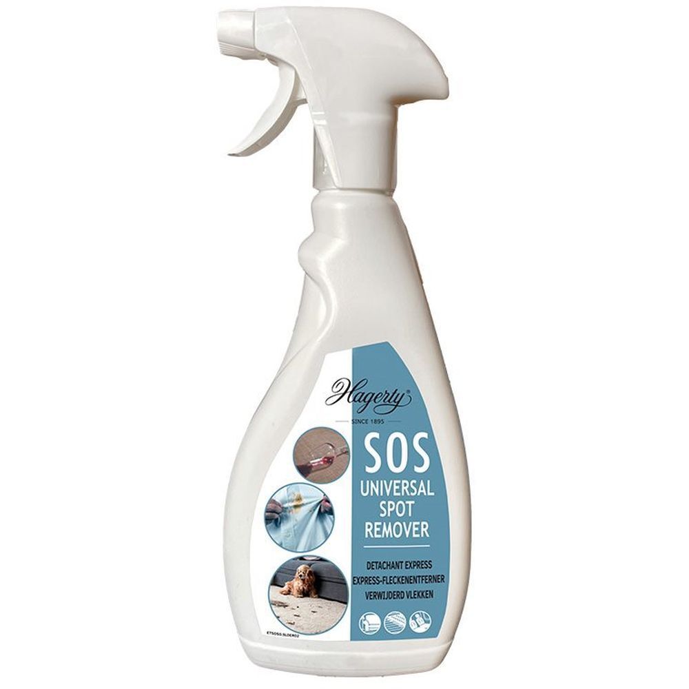 Weiße Sprühflasche mit Hagerty SOS Universal Spot Remover Etikett. Abgebildet sind Fleckenentfernungsszenarien. Sprühkopf.